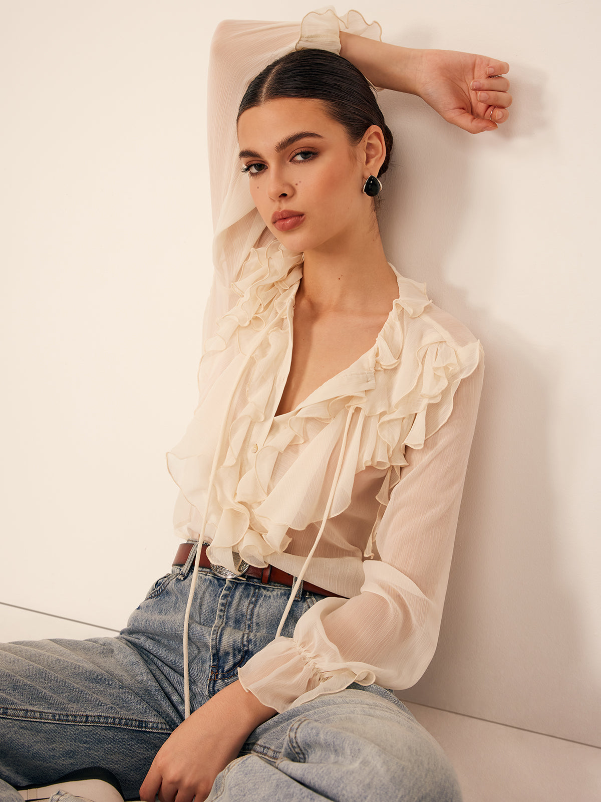 Semi-Sheer Ruffle Chiffon Breasted Blouse Semi-Sheer Ruffle Chiffon Breasted Blouse