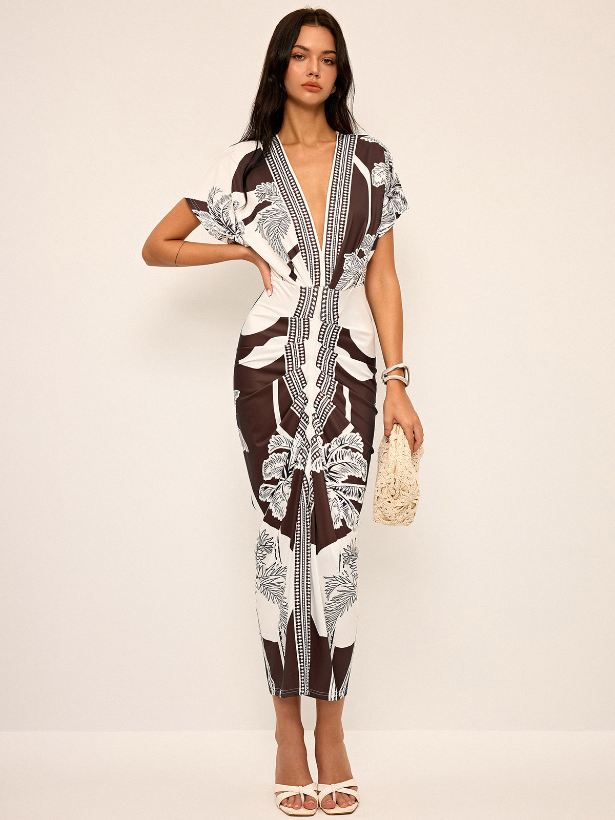 Printed Deep V-Neck Midi Dress Without Belt Printed Deep V-Neck Midi Dress Without Belt