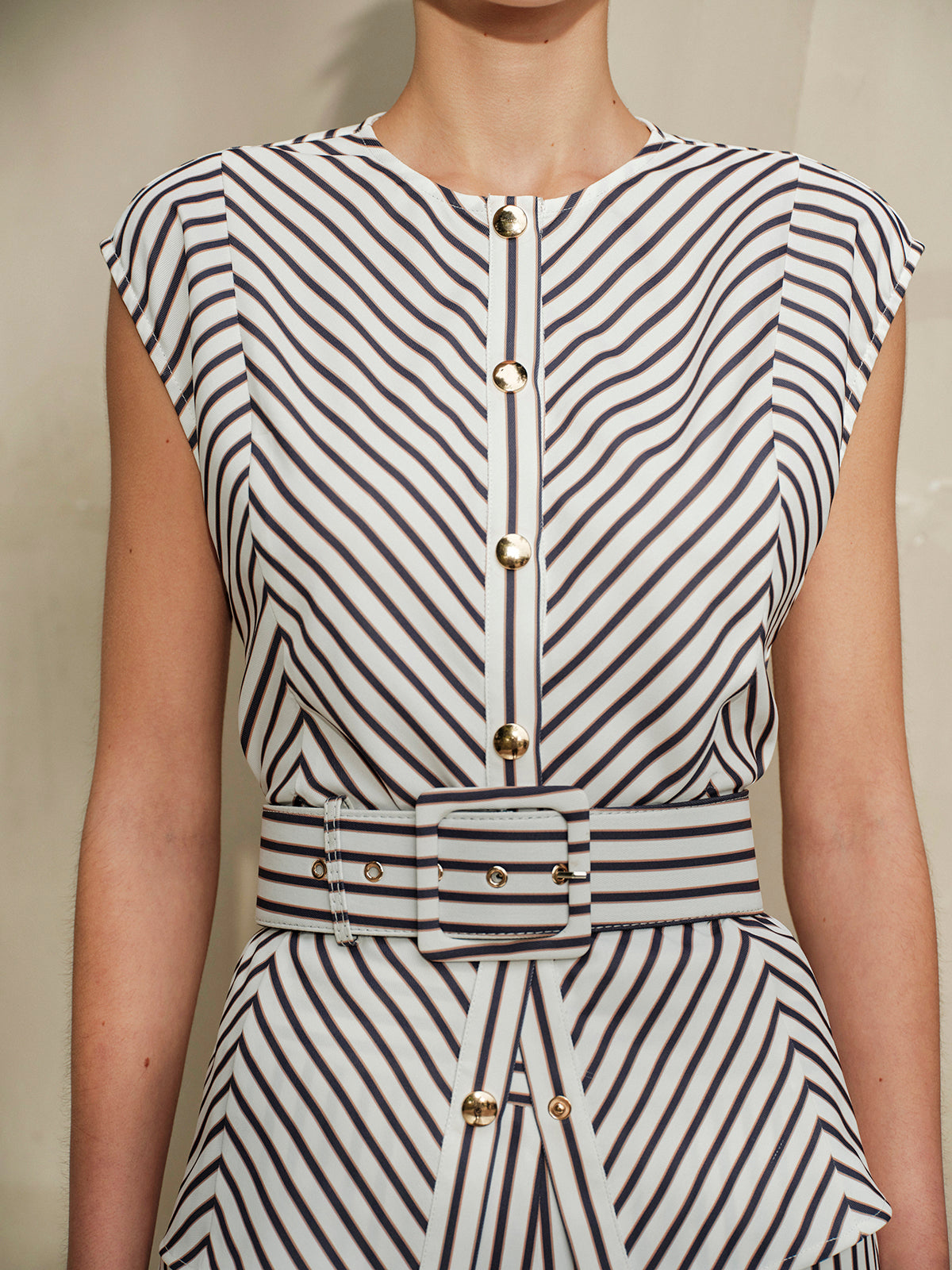 Striped Metal Round-Neck Shirt With Belt Striped Metal Round-Neck Shirt With Belt