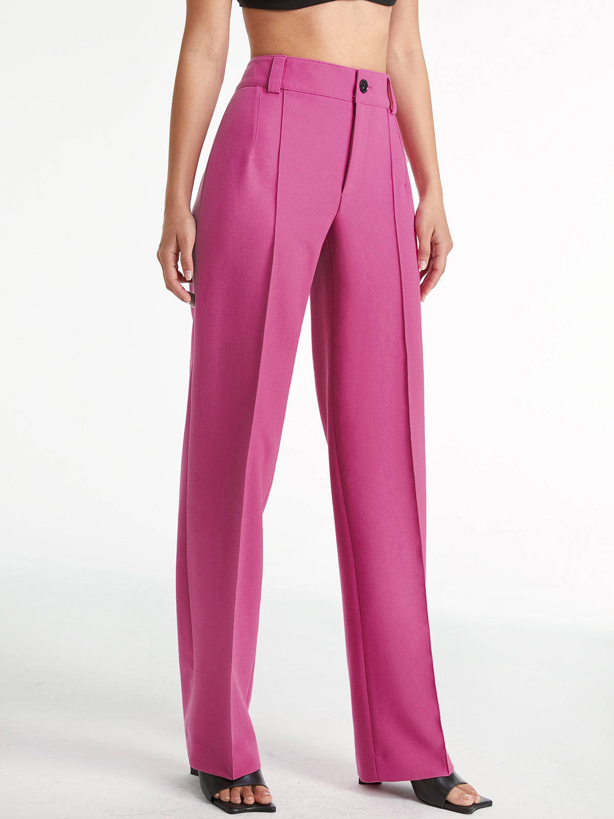 High Waisted Pleat Front Solid Colored Straight Leg Trousers High Waisted Pleat Front Solid Colored Straight Leg Trousers