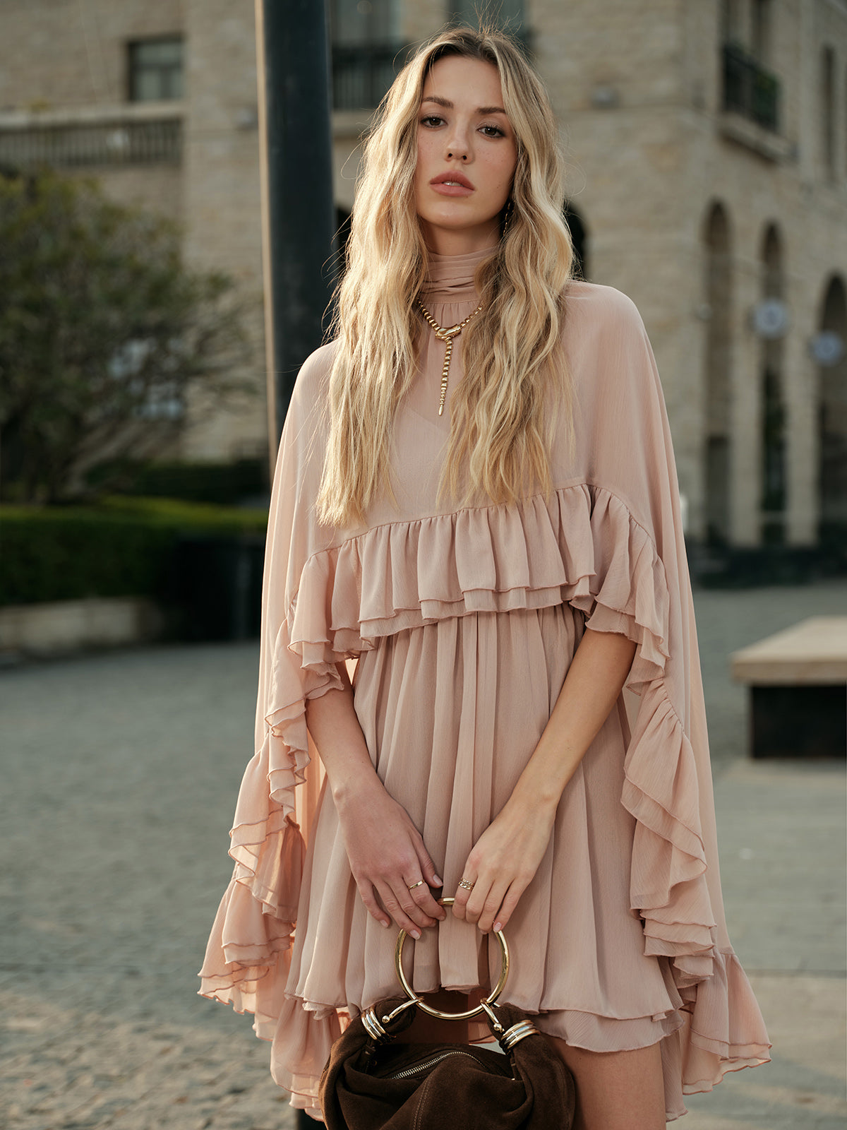 Semi-Sheer Chiffon Ruffle Dress With Outer Cape Semi-Sheer Chiffon Ruffle Dress With Outer Cape