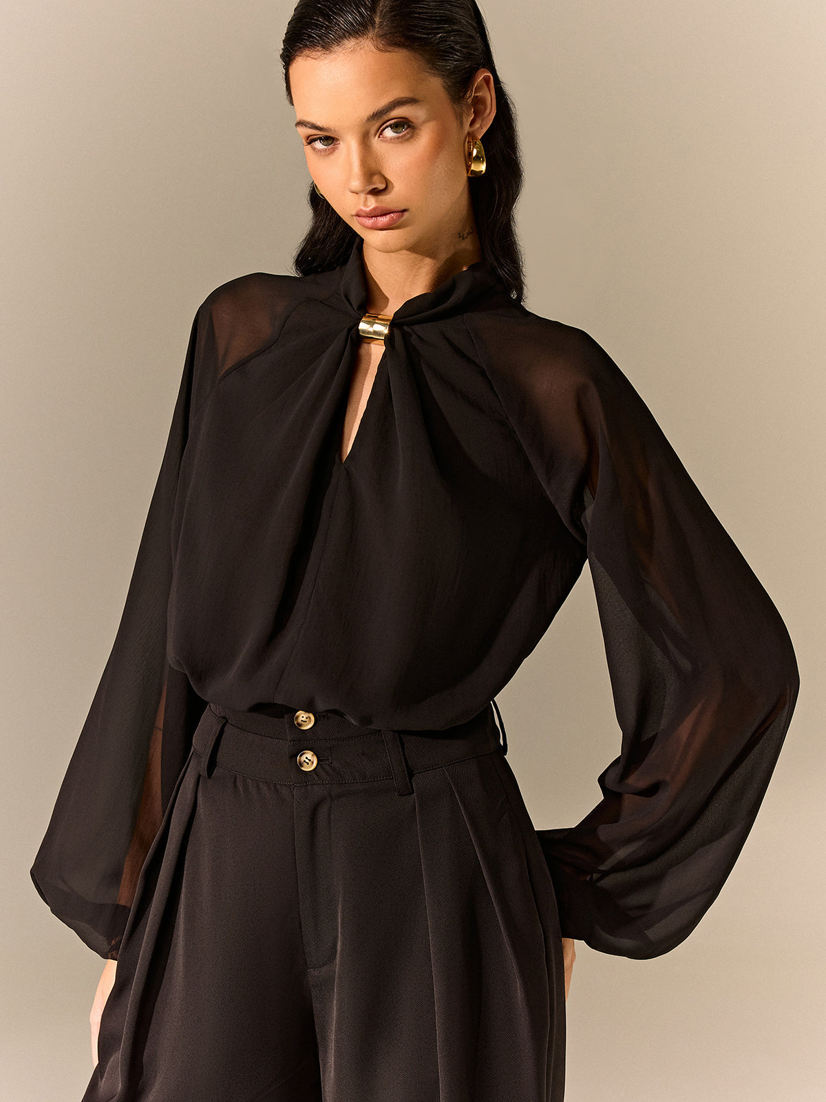 Semi-Sheer Chiffon Blouse with Neckline Metal Detail Semi-Sheer Chiffon Blouse with Neckline Metal Detail
