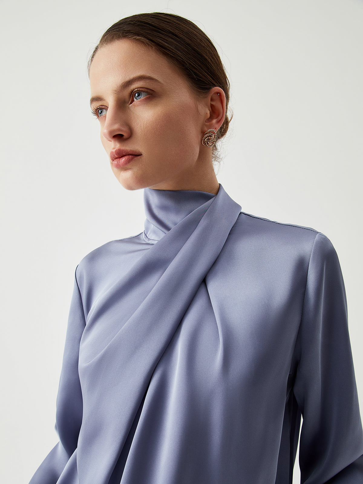 Asymmetric Pleated Turtleneck Satin Blouse Asymmetric Pleated Turtleneck Satin Blouse