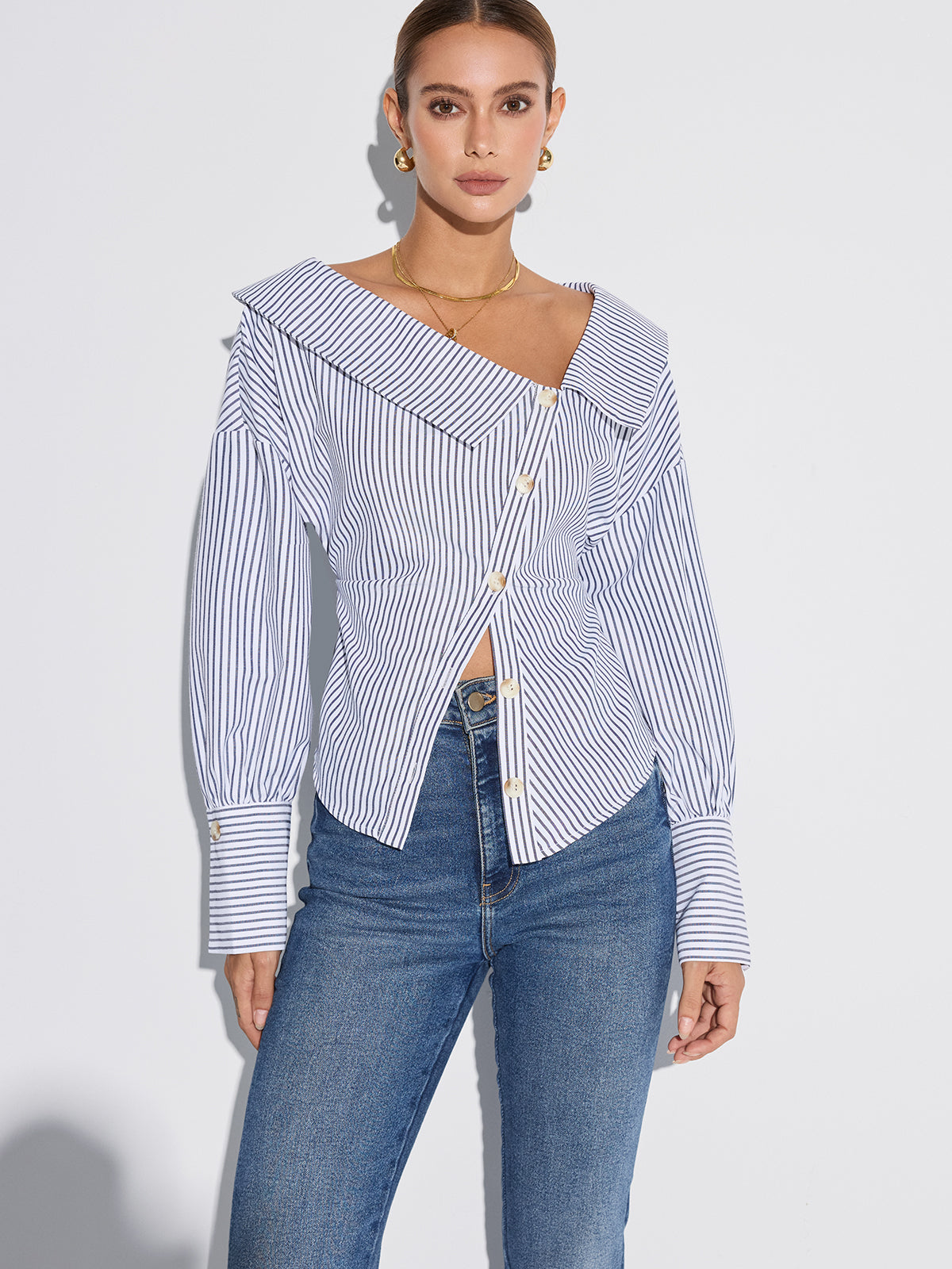 Striped Asymmetrical Placket Button Shirt Striped Asymmetrical Placket Button Shirt