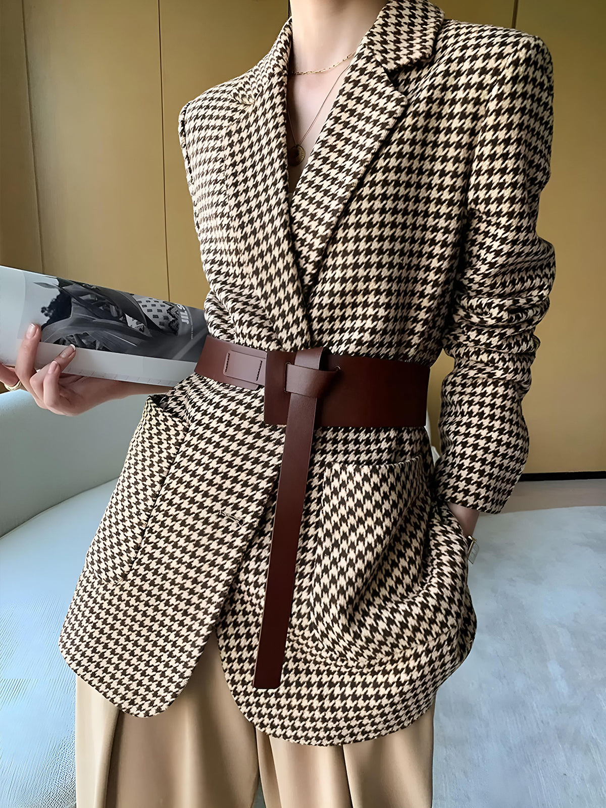 Houndstooth Split Blazer With Belt Houndstooth Split Blazer With Belt