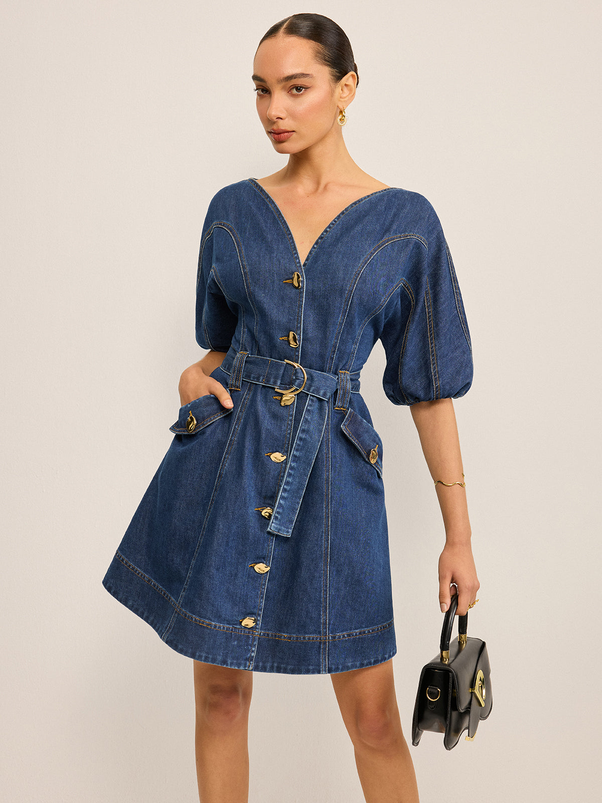 Pocketed Belted Denim Dress Pocketed Belted Denim Dress
