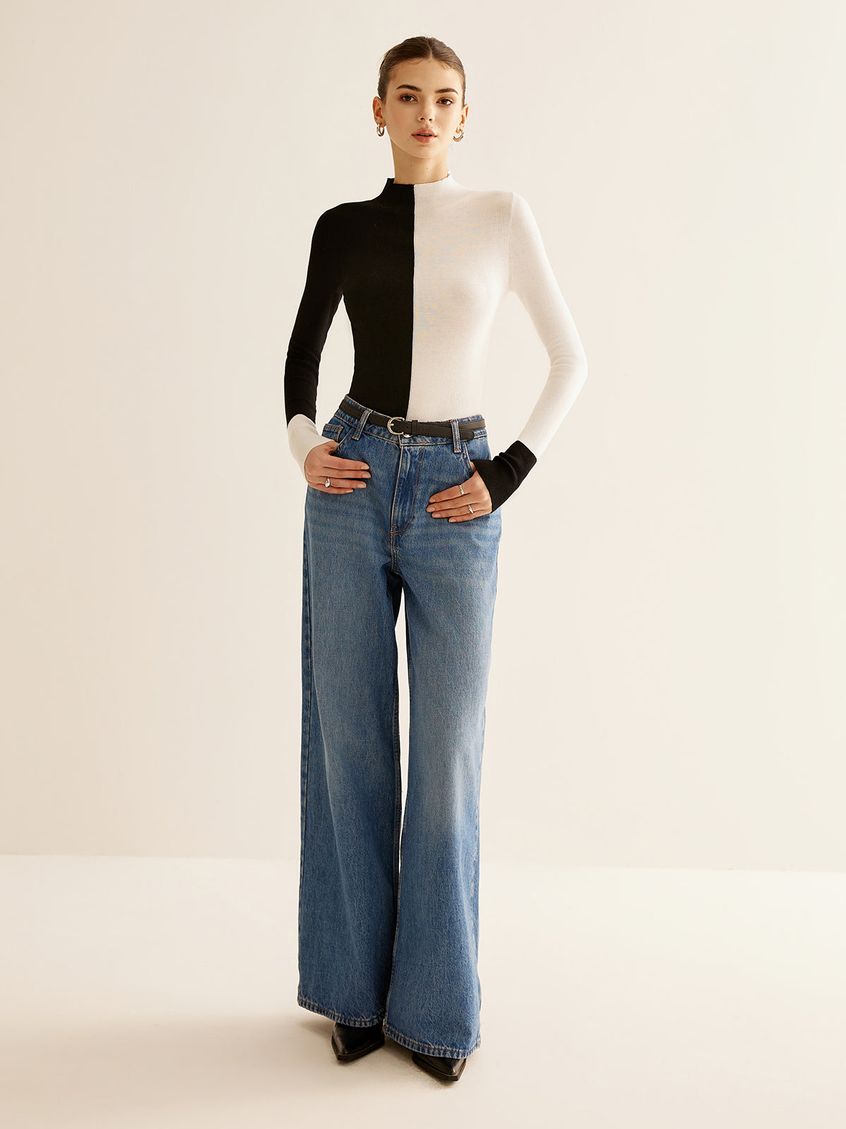 Wool-Blend Two Tone Skinny Knit Top Wool-Blend Two Tone Skinny Knit Top