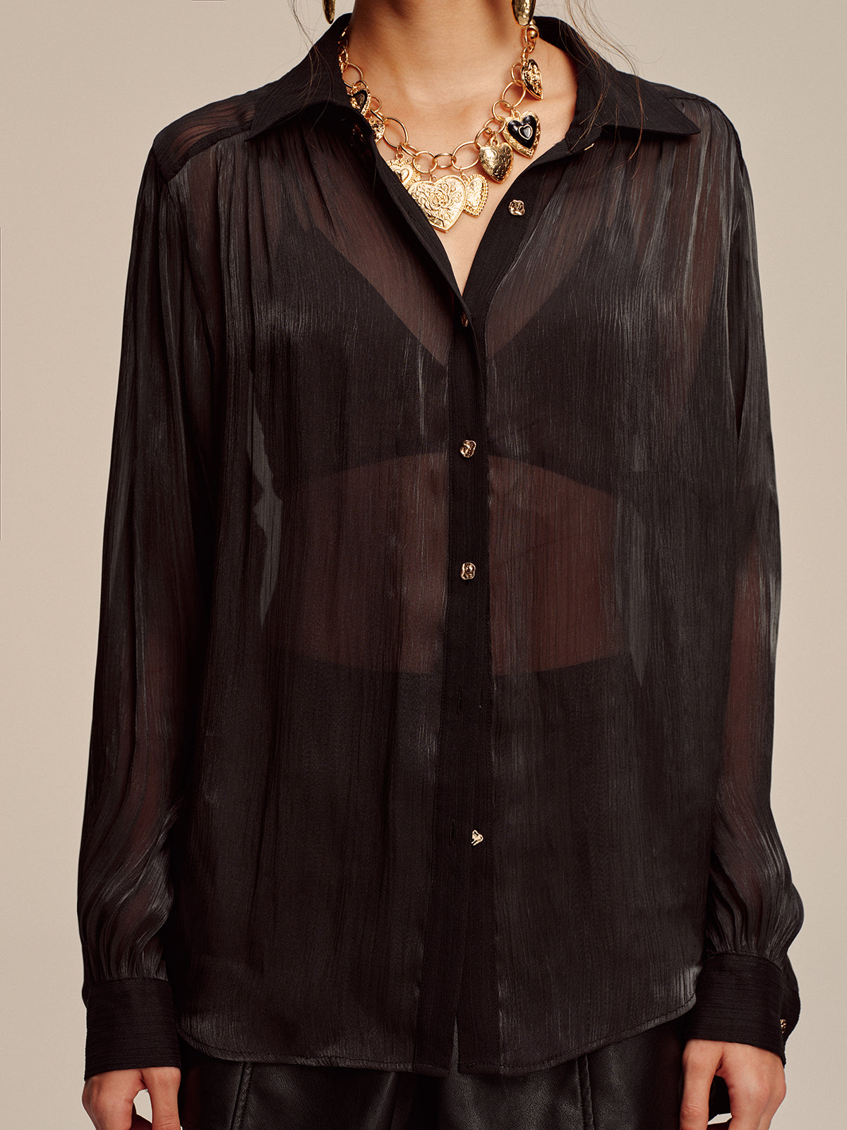 Sheer Chiffon Textured Metal Button Shirt Sheer Chiffon Textured Metal Button Shirt