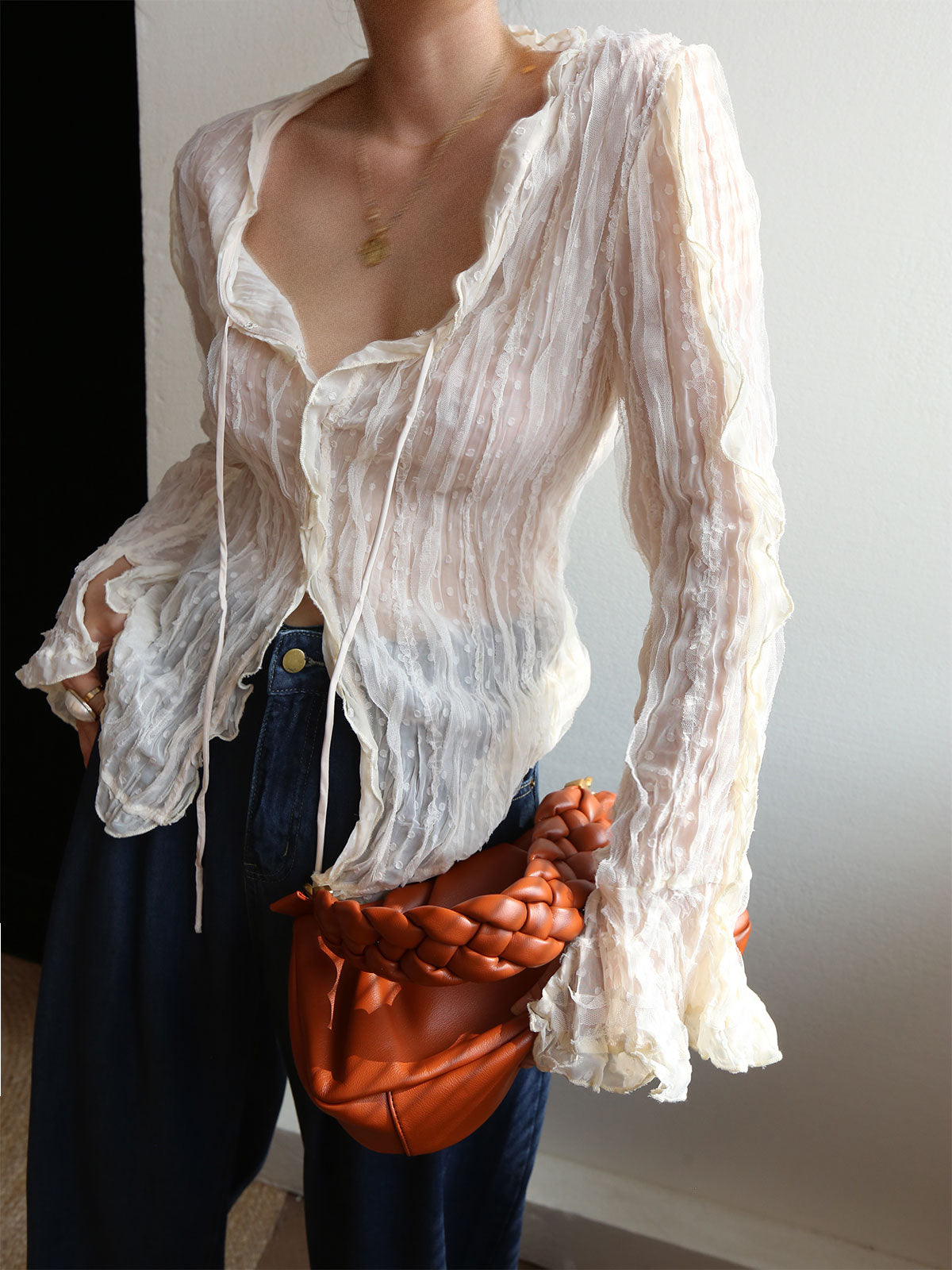 Chiffon Sheer Lettuce Trim Long Sleeve Blouse Chiffon Sheer Lettuce Trim Long Sleeve Blouse