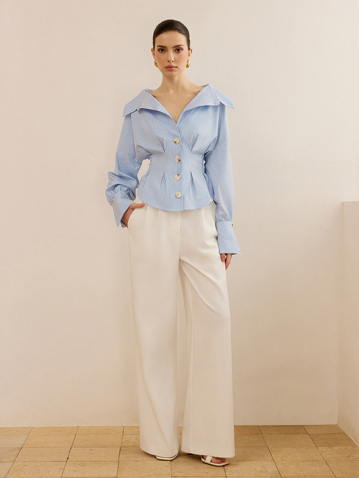 Striped Collared Shirt with Waist-Cinching Design