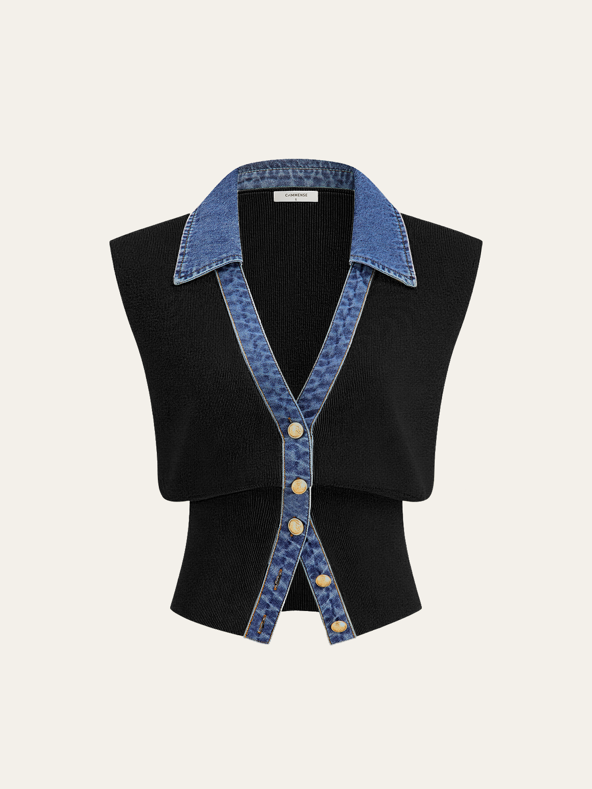 Denim Trim Metal Button Knit Vest Denim Trim Metal Button Knit Vest