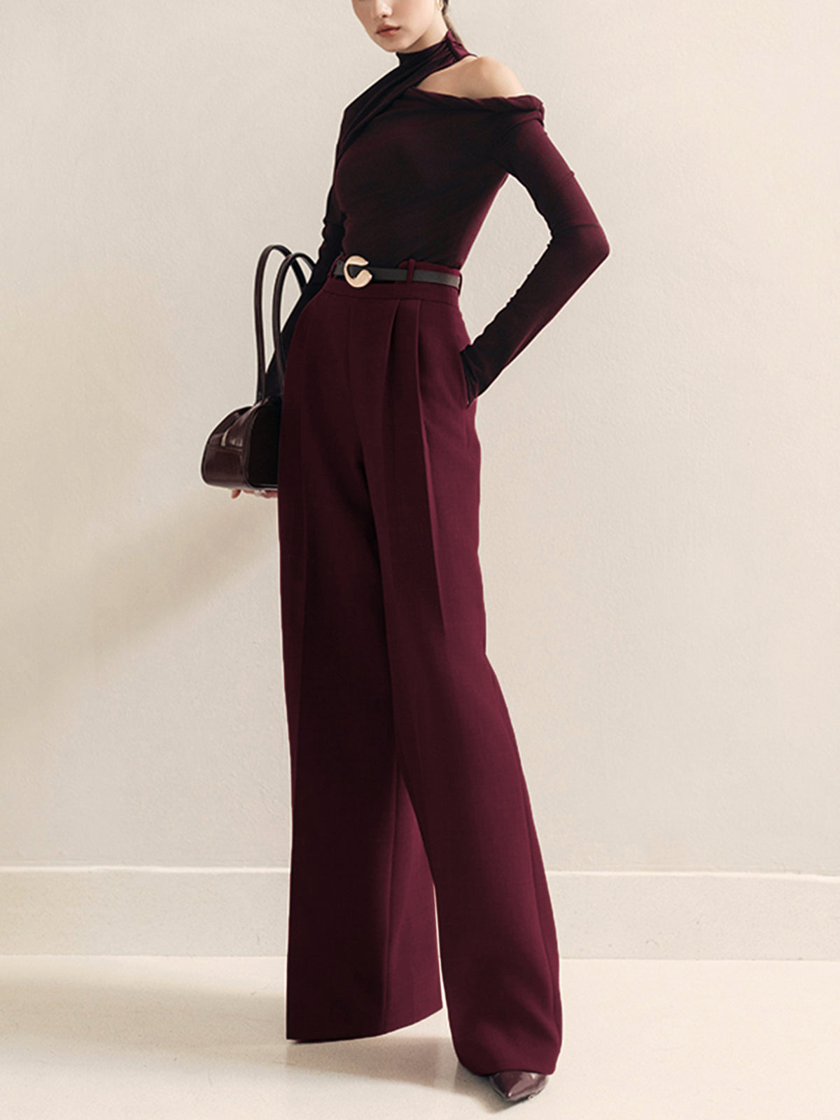 Metal-Belt Pleated High-Waist Pants Metal-Belt Pleated High-Waist Pants