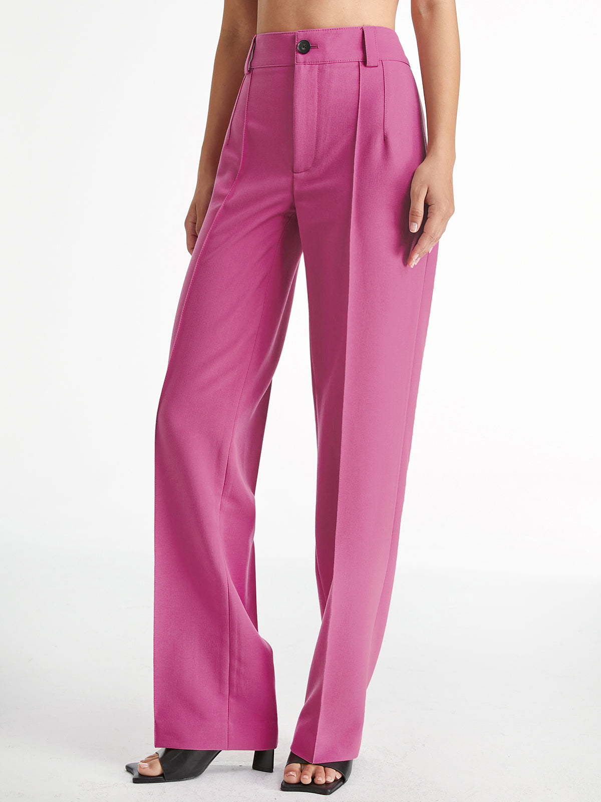 High Waisted Pleat Front Solid Colored Straight Leg Trousers High Waisted Pleat Front Solid Colored Straight Leg Trousers