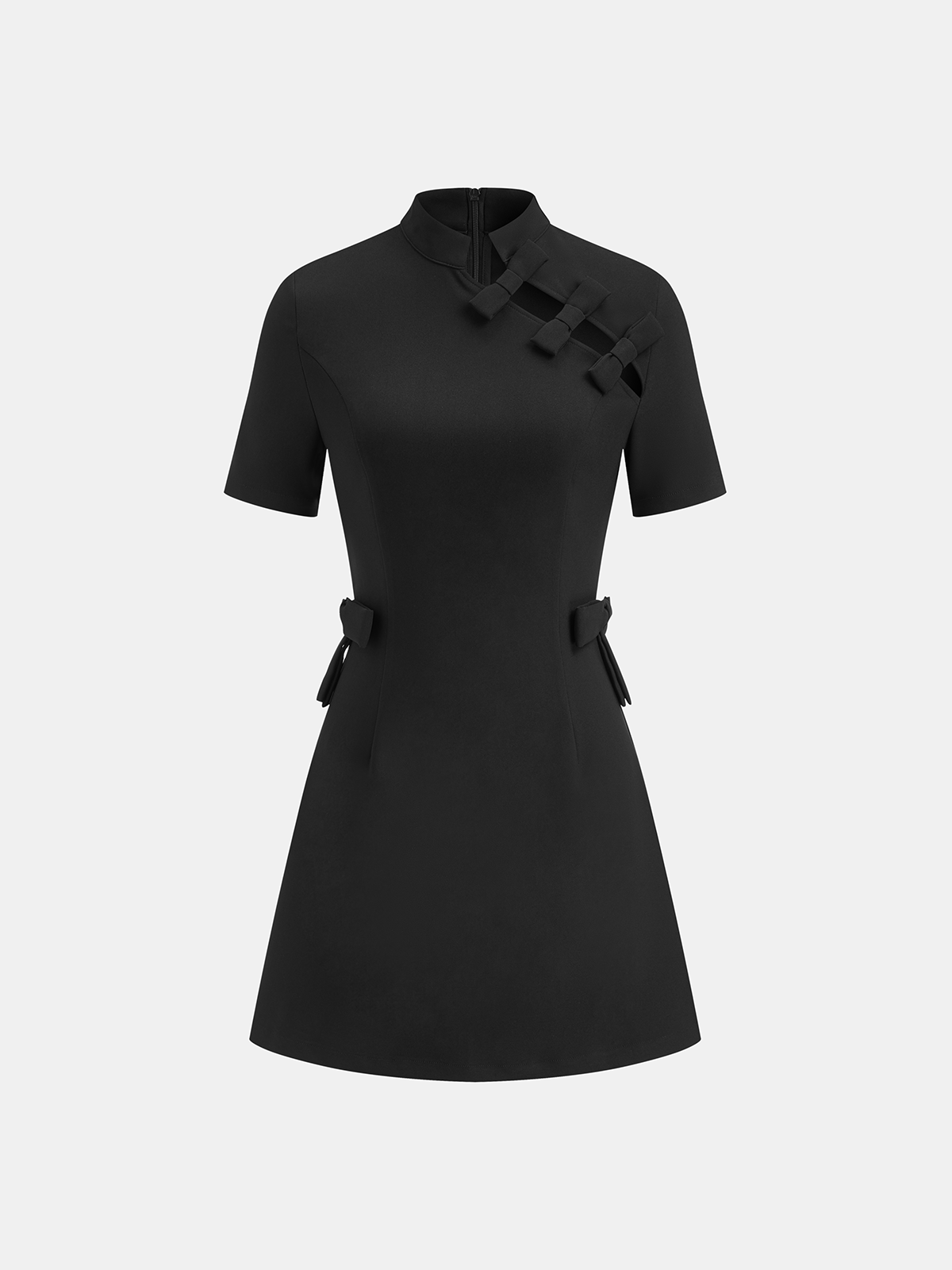 Bow Cut-Out Stand Collar Short Sleeve Dress Bow Cut-Out Stand Collar Short Sleeve Dress