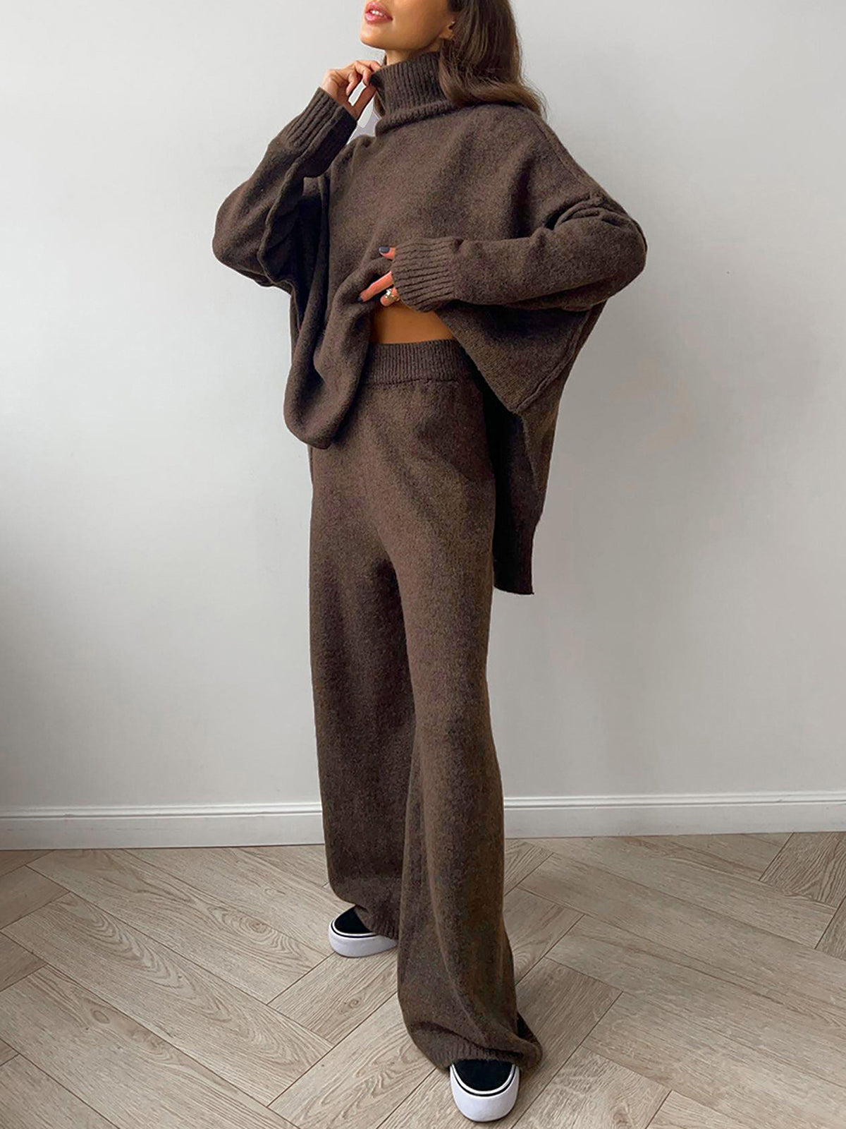 Plain Turtleneck Knit Pants Set Plain Turtleneck Knit Pants Set