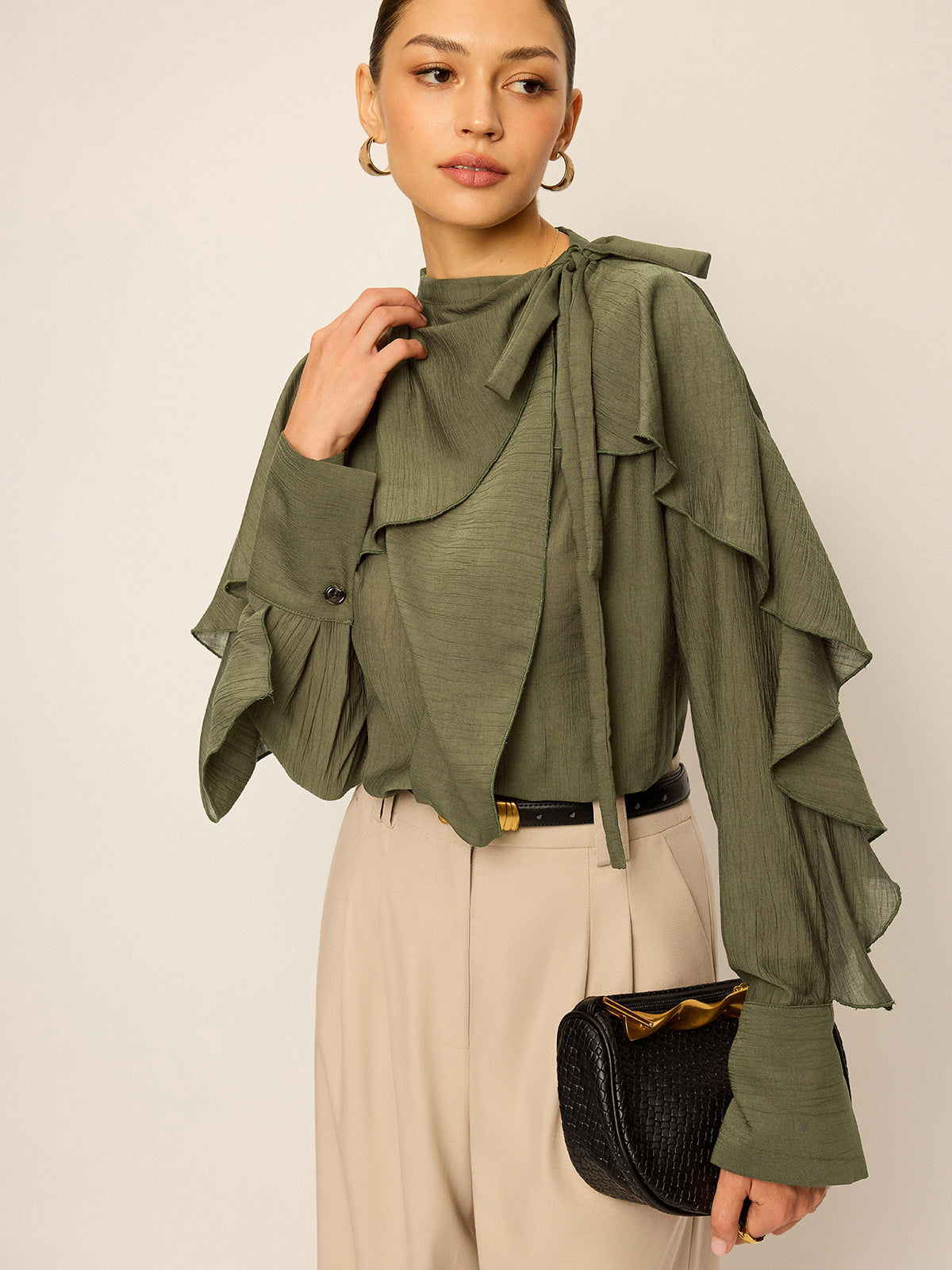 Neckline Tie Ruffled Blouse Neckline Tie Ruffled Blouse
