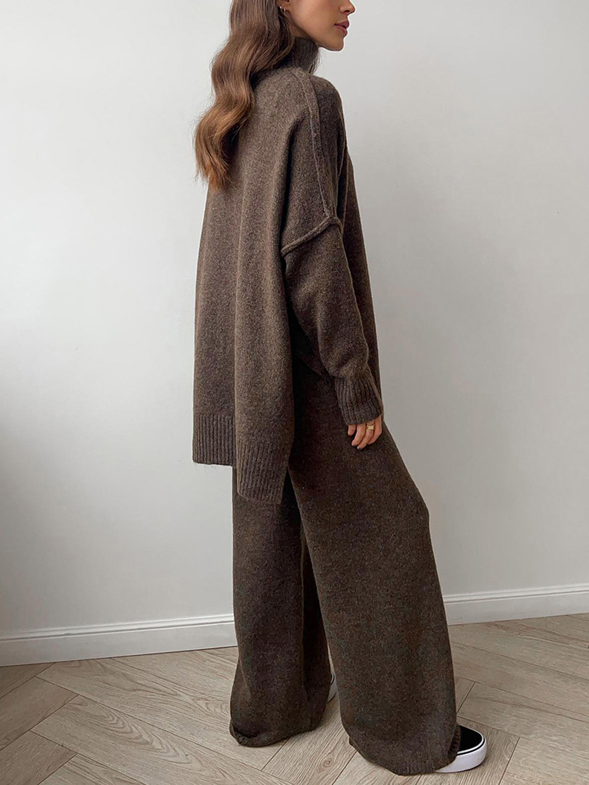 Plain Turtleneck Knit Pants Set Plain Turtleneck Knit Pants Set