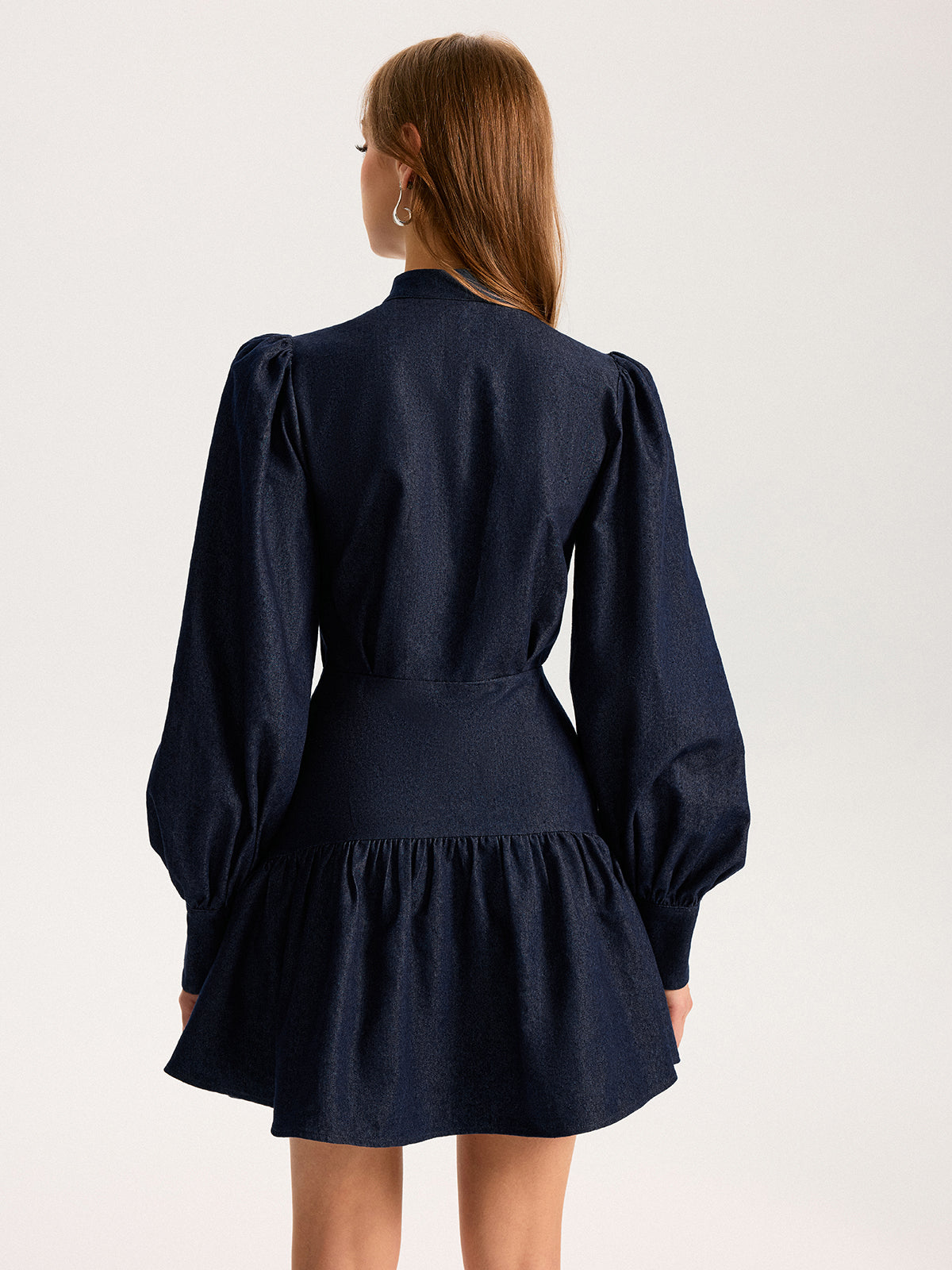Denim Stand Collar Puff Sleeve Mini Dress Denim Stand Collar Puff Sleeve Mini Dress