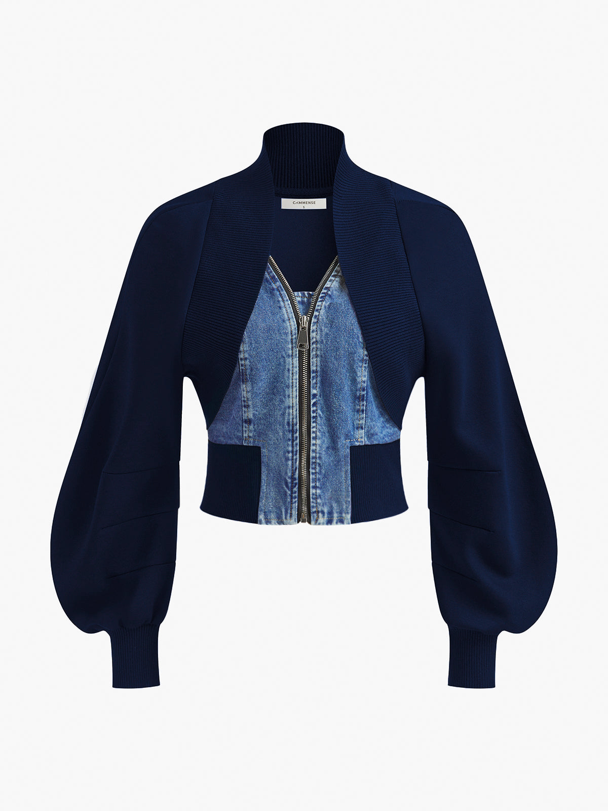 Puff-Sleeve Denim Panel Slim Jacket Puff-Sleeve Denim Panel Slim Jacket