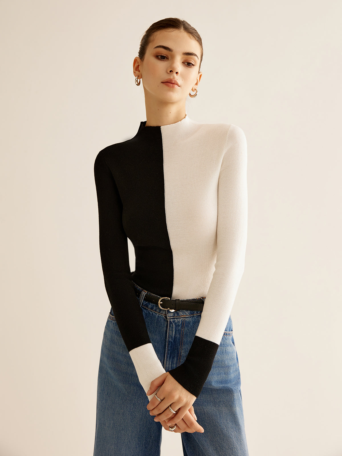 Wool-Blend Two Tone Skinny Knit Top Wool-Blend Two Tone Skinny Knit Top