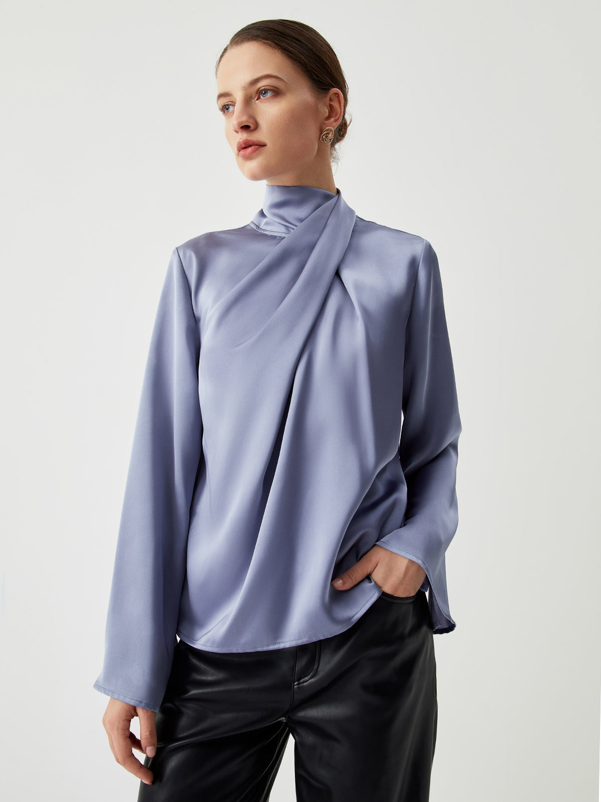 Asymmetric Pleated Turtleneck Satin Blouse Asymmetric Pleated Turtleneck Satin Blouse
