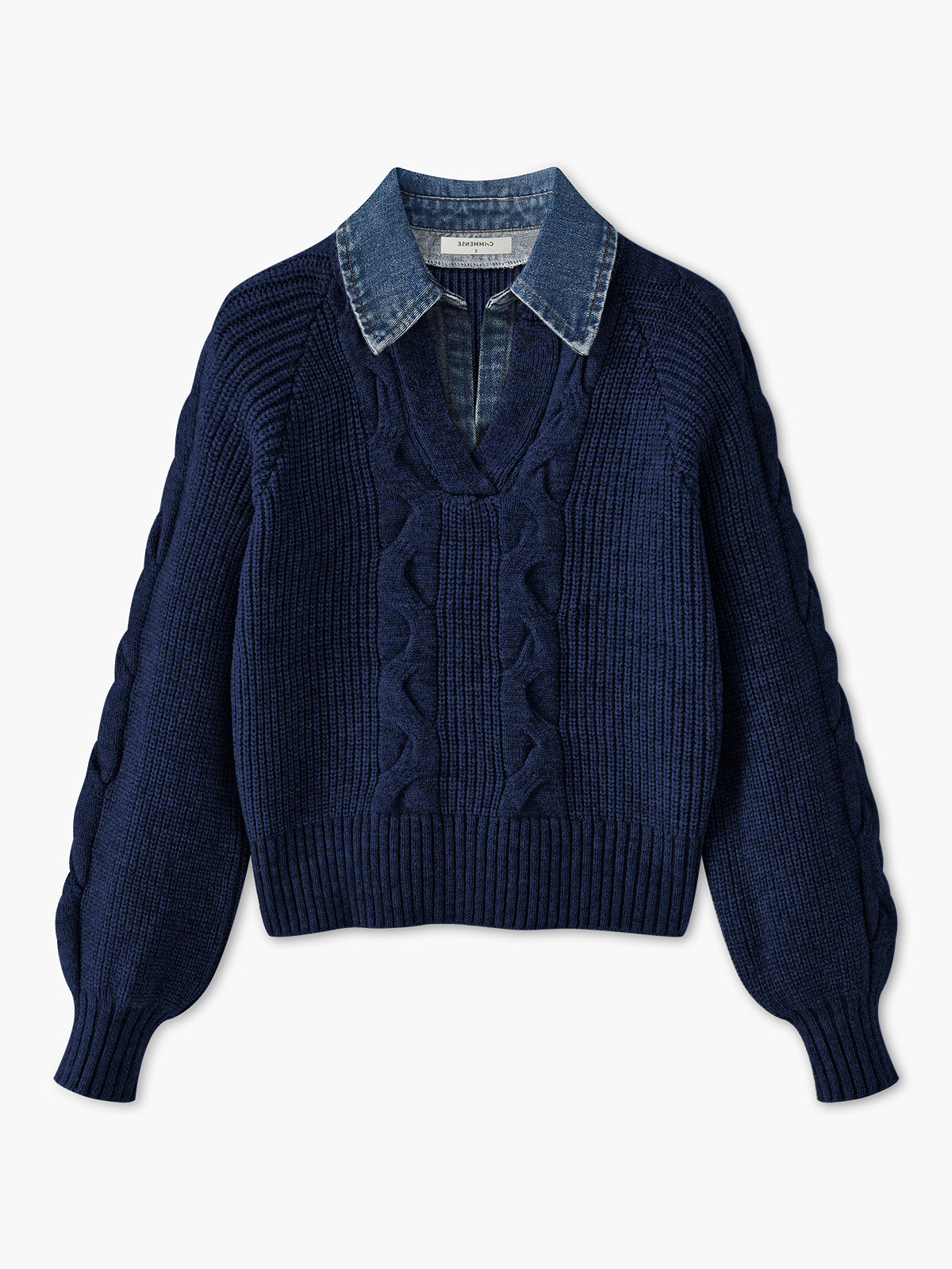 Denim Panel Ribbed Lapel Sweater Denim Panel Ribbed Lapel Sweater