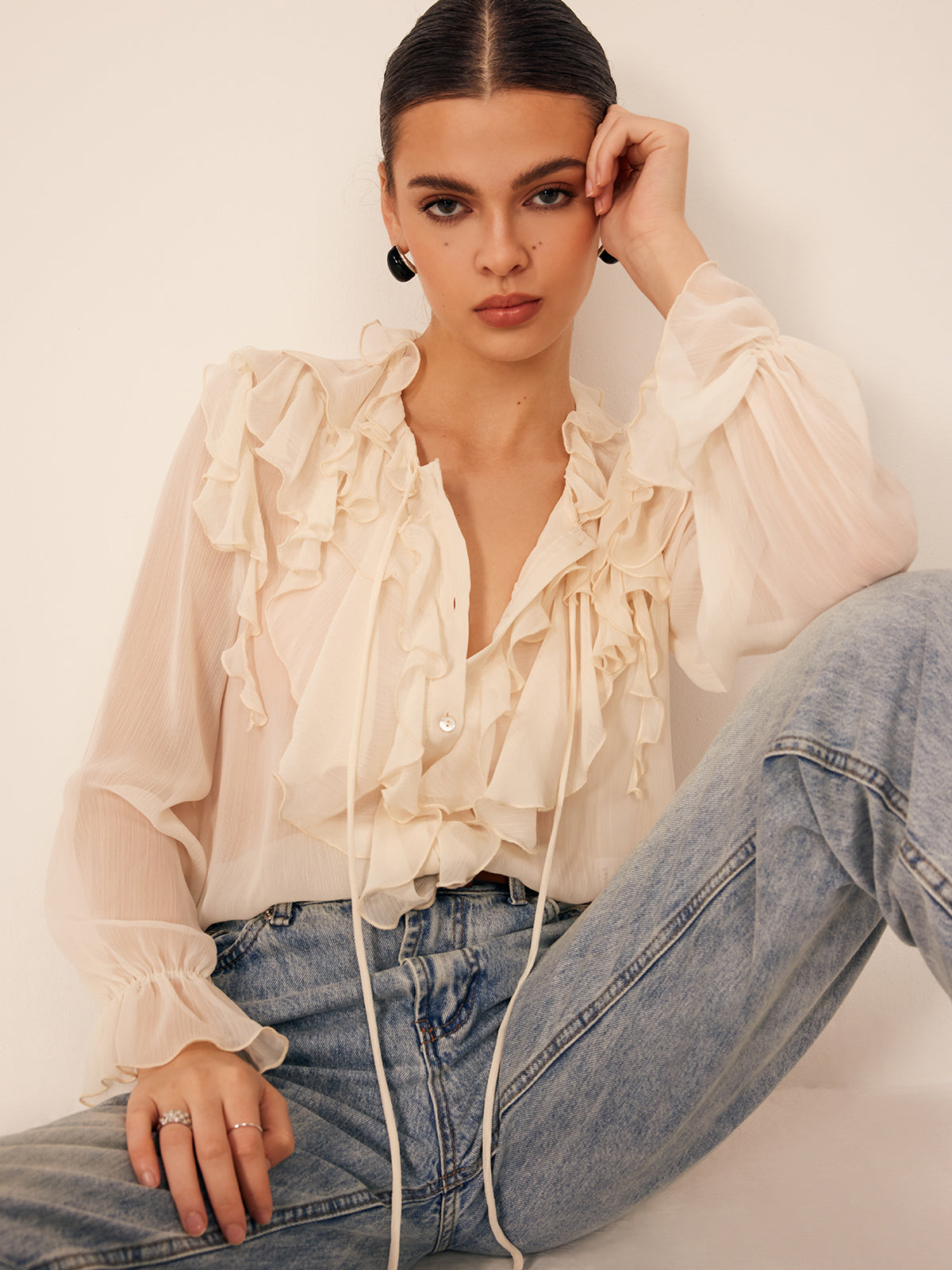 Semi-Sheer Ruffle Chiffon Breasted Blouse Semi-Sheer Ruffle Chiffon Breasted Blouse