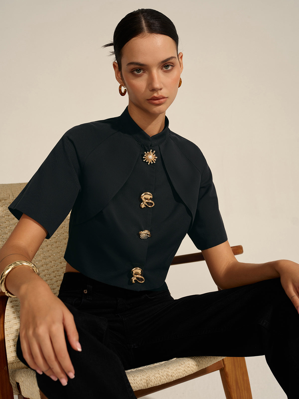 Metal Decor Cropped Blouse Metal Decor Cropped Blouse