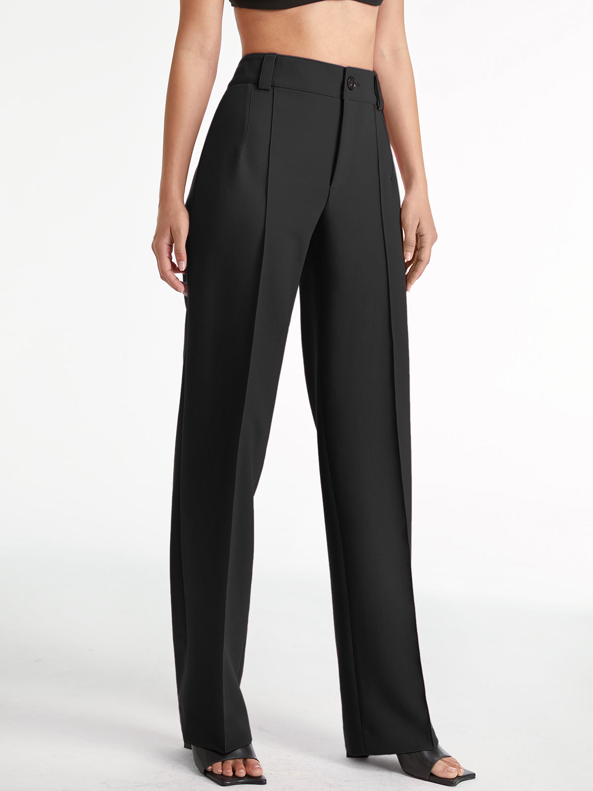 High Waisted Pleat Front Solid Colored Straight Leg Trousers High Waisted Pleat Front Solid Colored Straight Leg Trousers