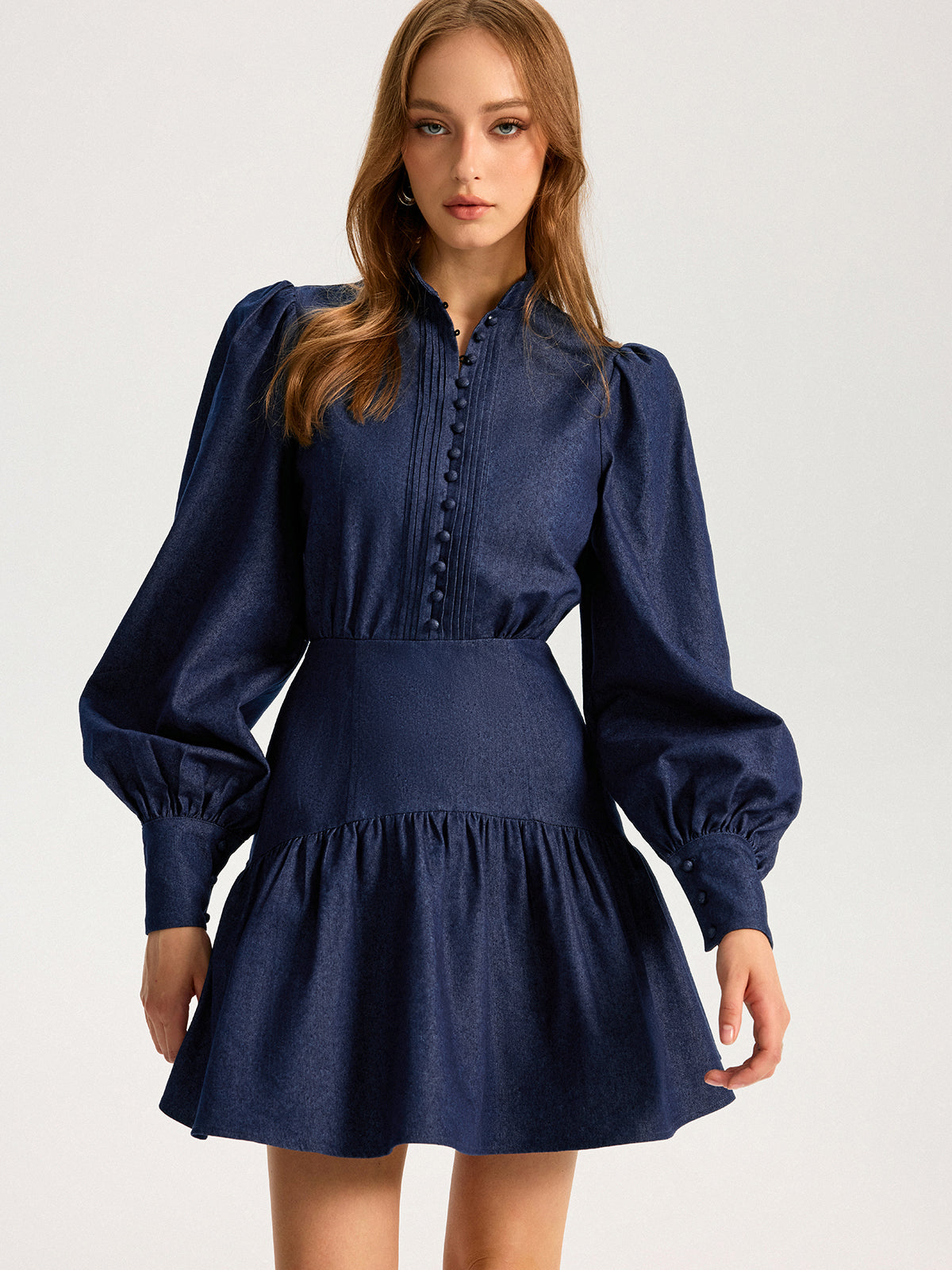 Denim Stand Collar Puff Sleeve Mini Dress Denim Stand Collar Puff Sleeve Mini Dress