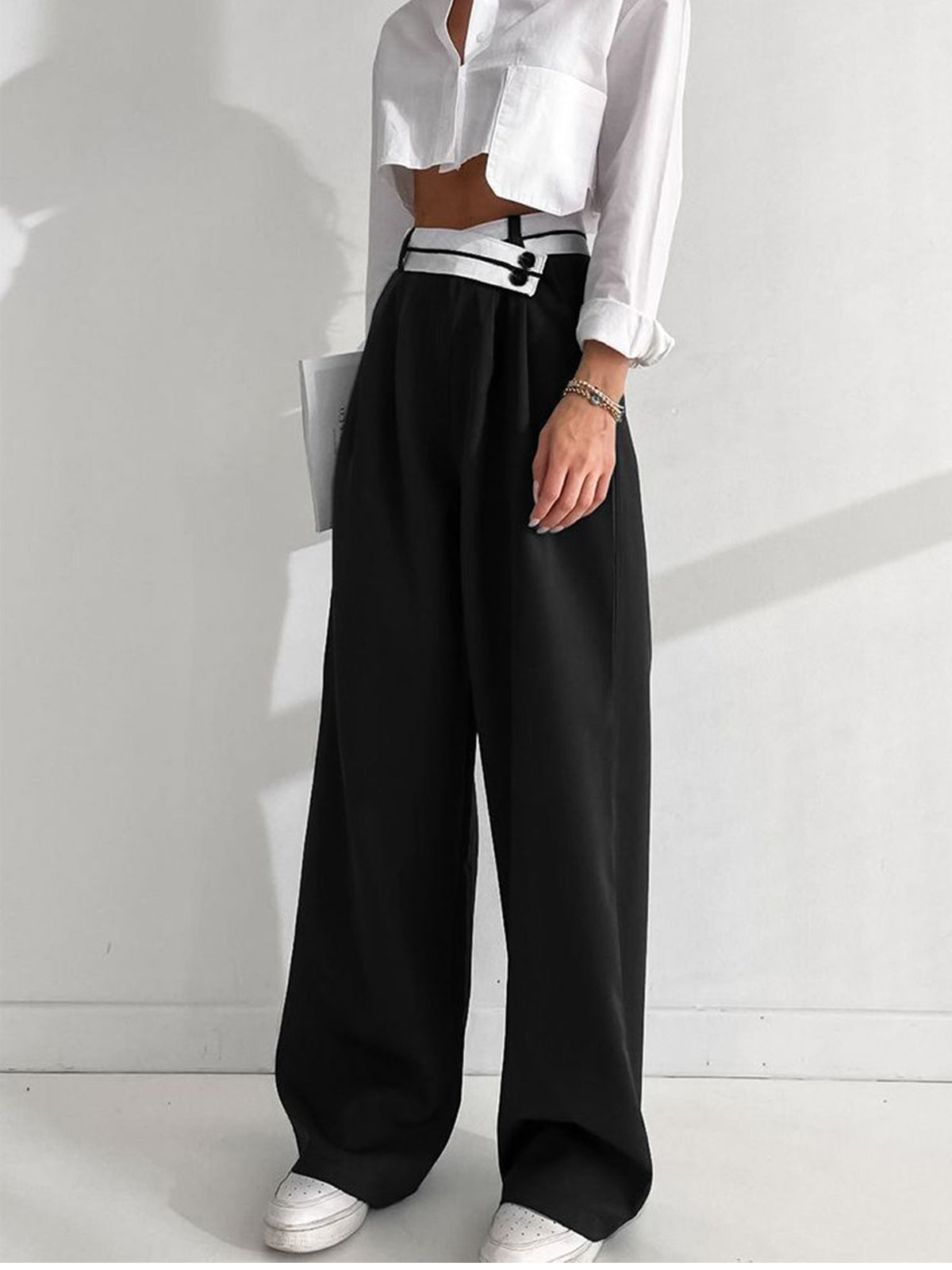 Asymmetrical Contrast Waistband Wide Leg Dress Pants Asymmetrical Contrast Waistband Wide Leg Dress Pants