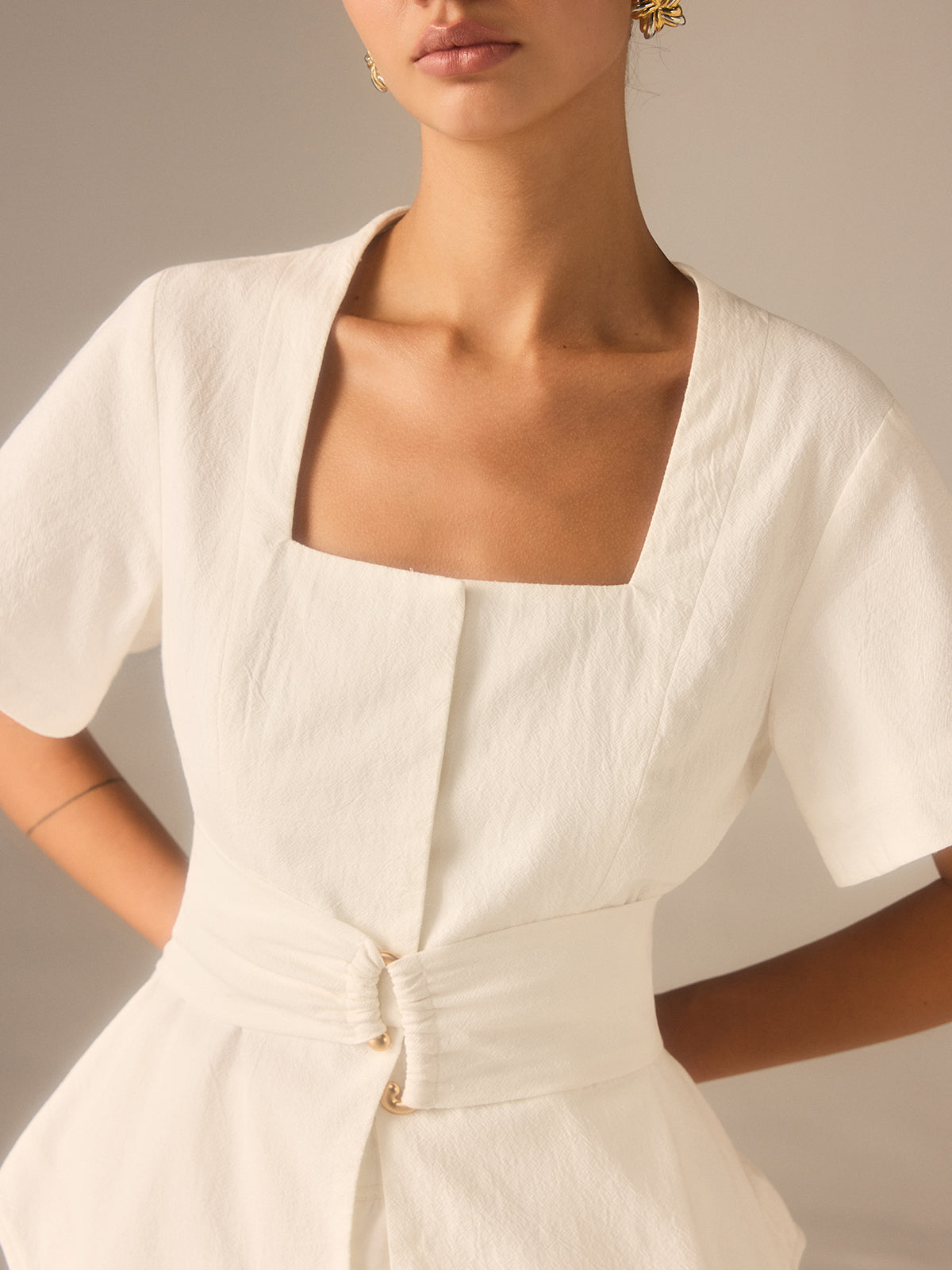 Cotton Square Neckline Top with Belted Waist Cotton Square Neckline Top with Belted Waist