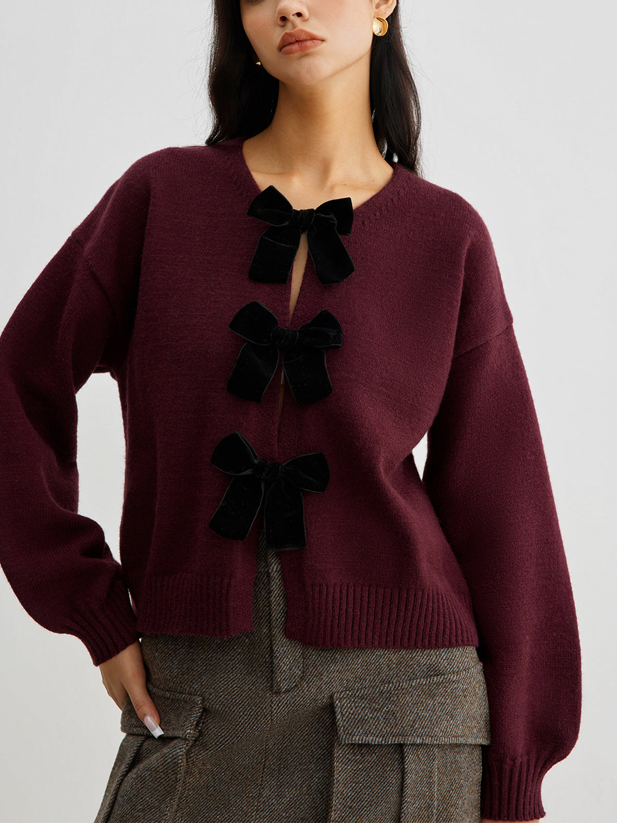 Velvet-Bow Lantern Sleeve Sweater Velvet-Bow Lantern Sleeve Sweater