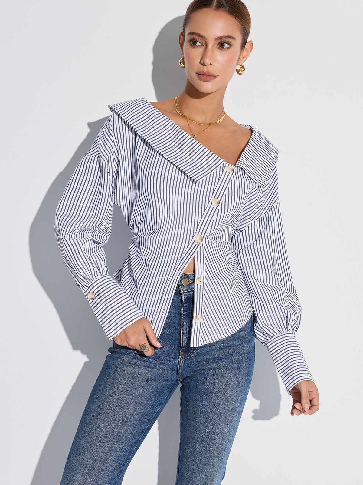 Striped Asymmetrical Placket Button Shirt Striped Asymmetrical Placket Button Shirt