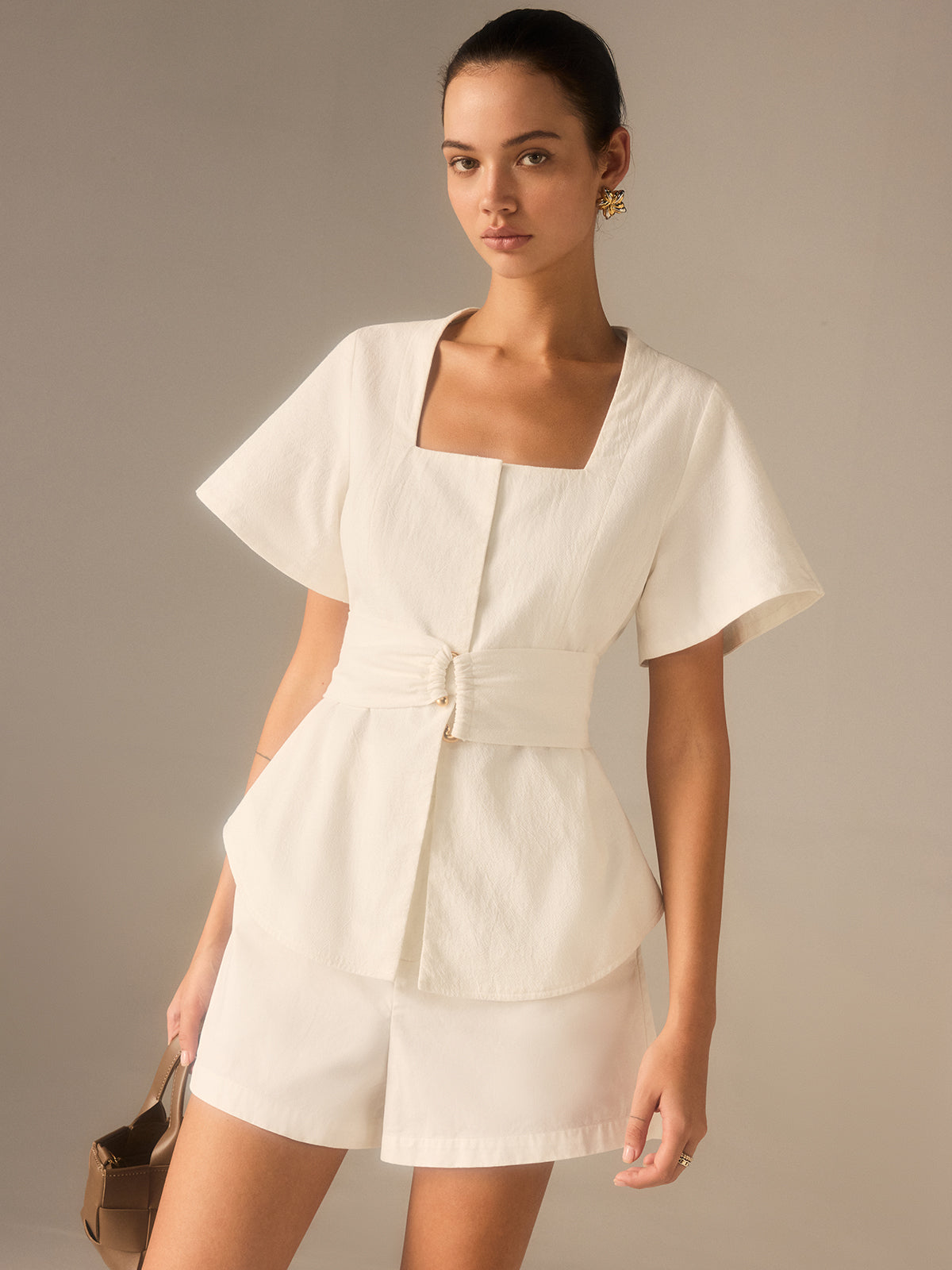 Cotton Square Neckline Top with Belted Waist Cotton Square Neckline Top with Belted Waist