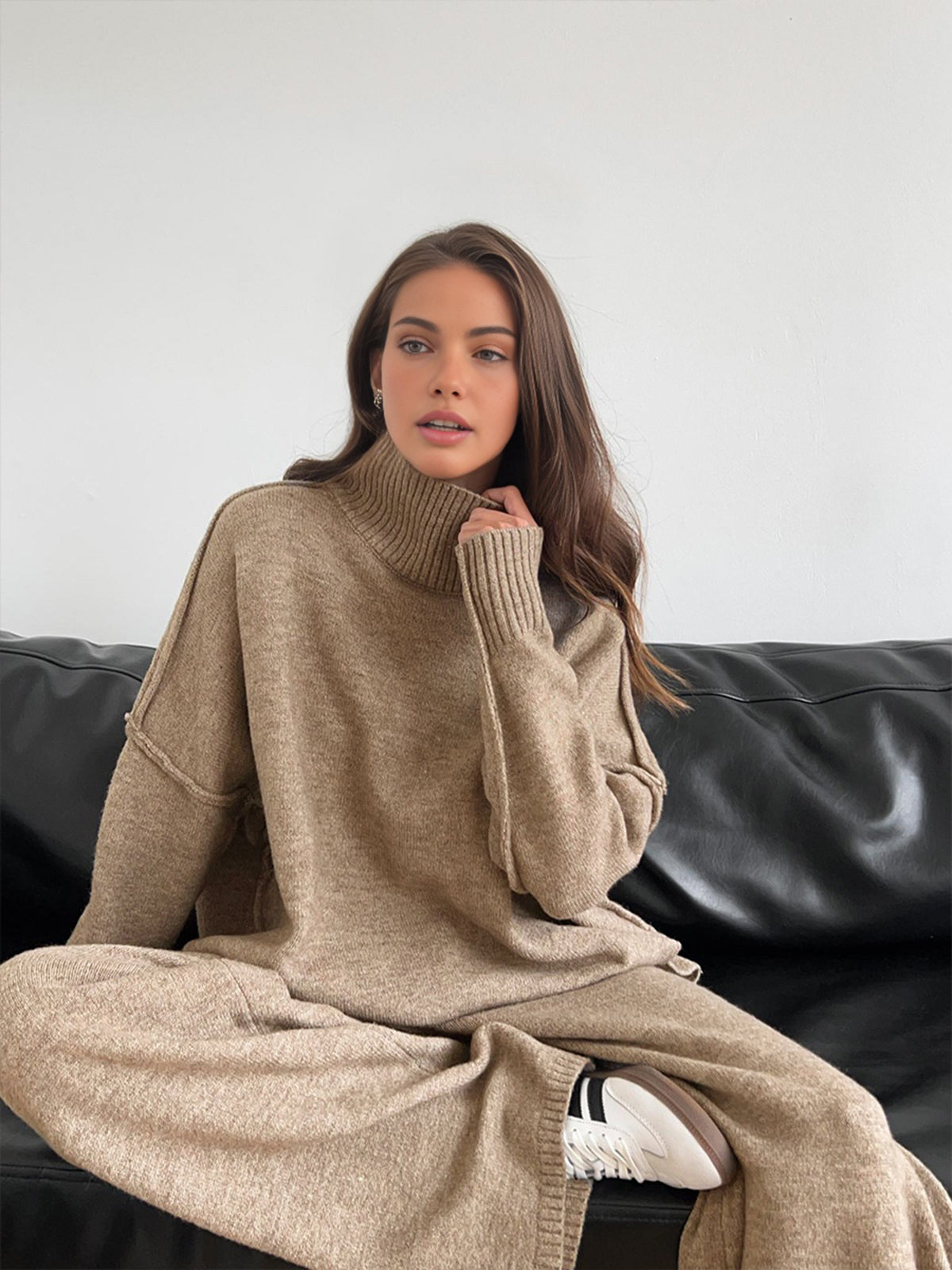 Plain Turtleneck Knit Pants Set Plain Turtleneck Knit Pants Set