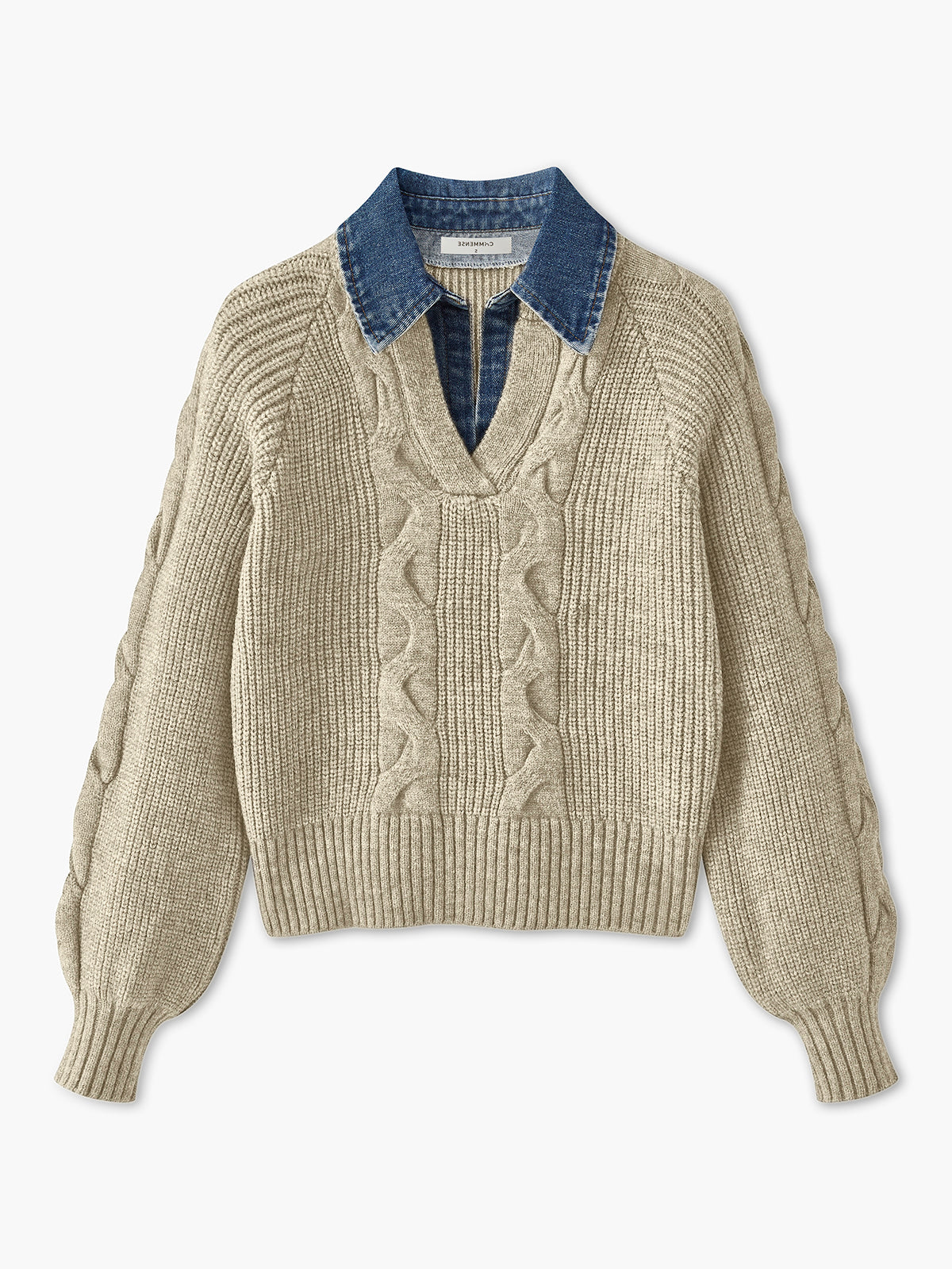 Denim Panel Ribbed Lapel Sweater Denim Panel Ribbed Lapel Sweater