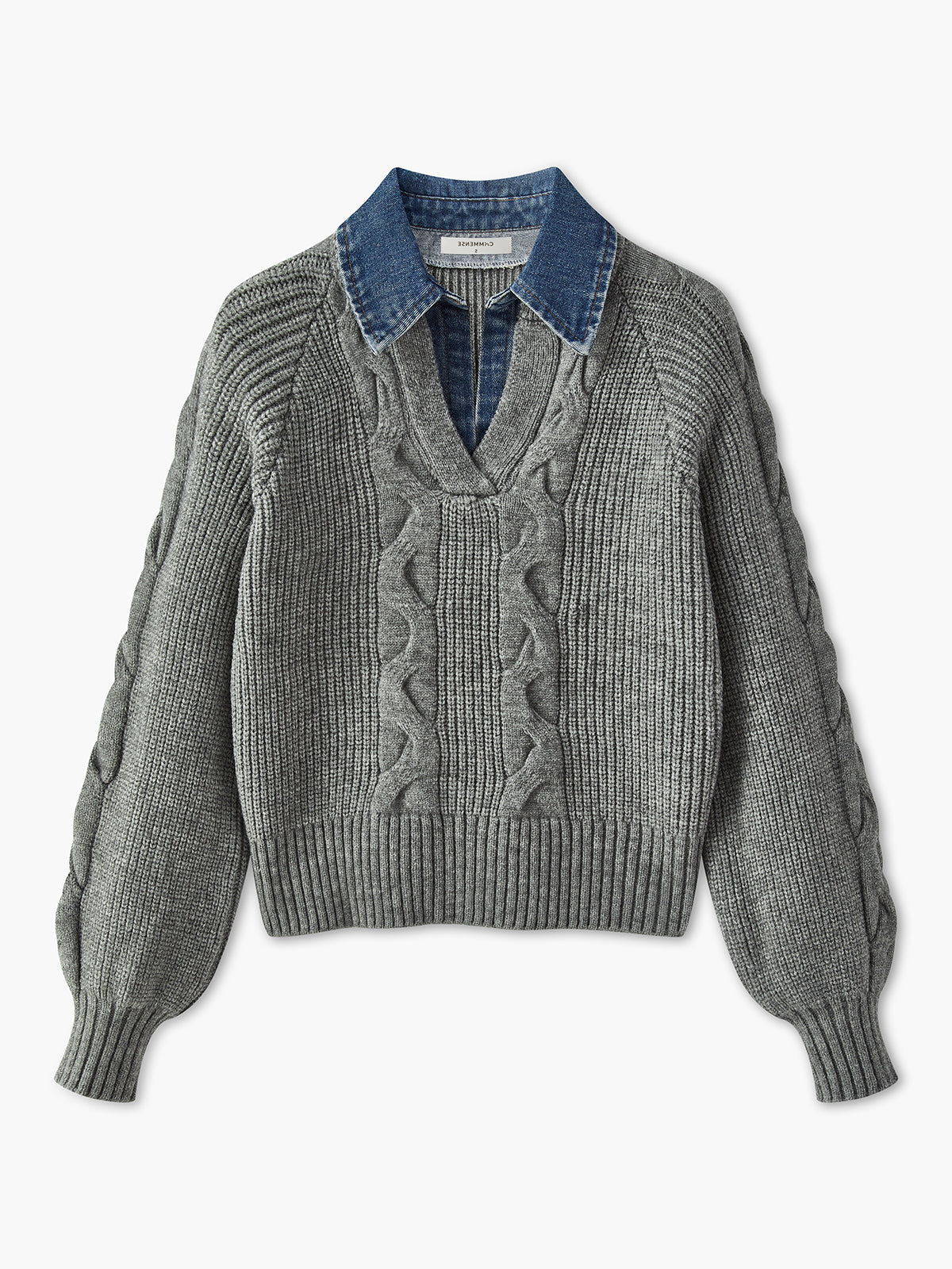 Denim Panel Ribbed Lapel Sweater Denim Panel Ribbed Lapel Sweater