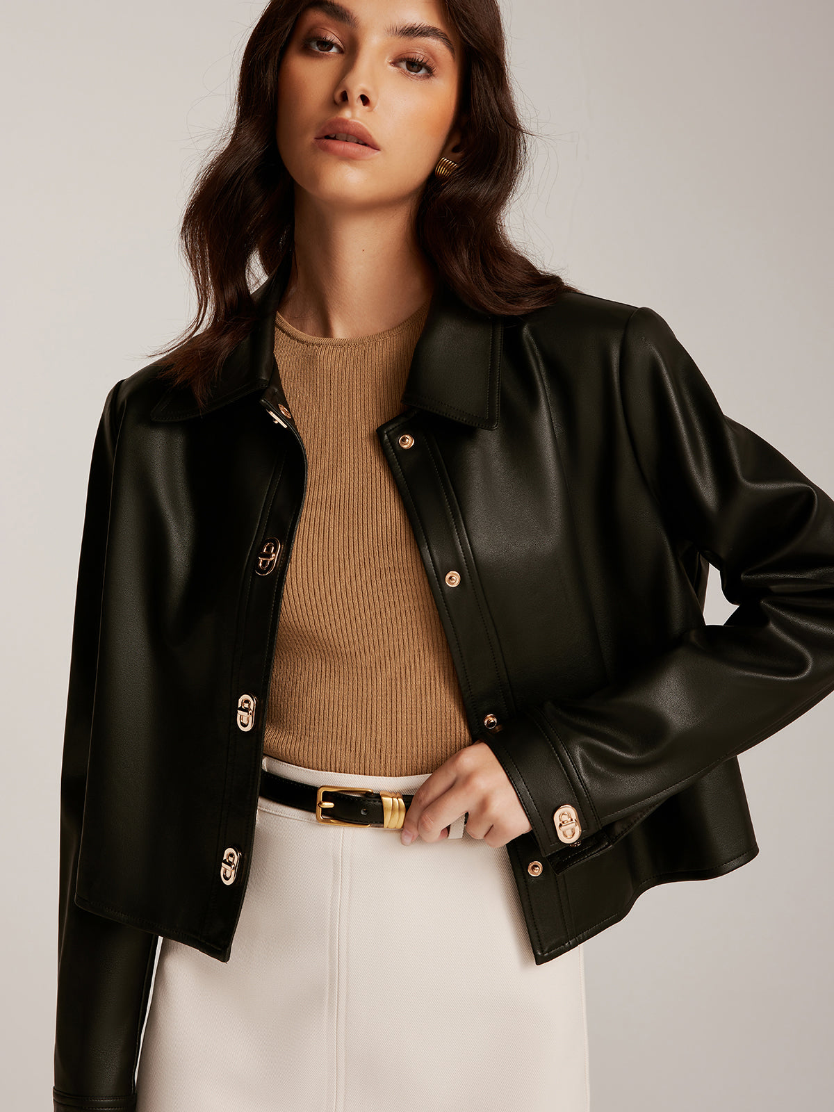 Metal-Button PU Leather Short Jacket Metal-Button PU Leather Short Jacket