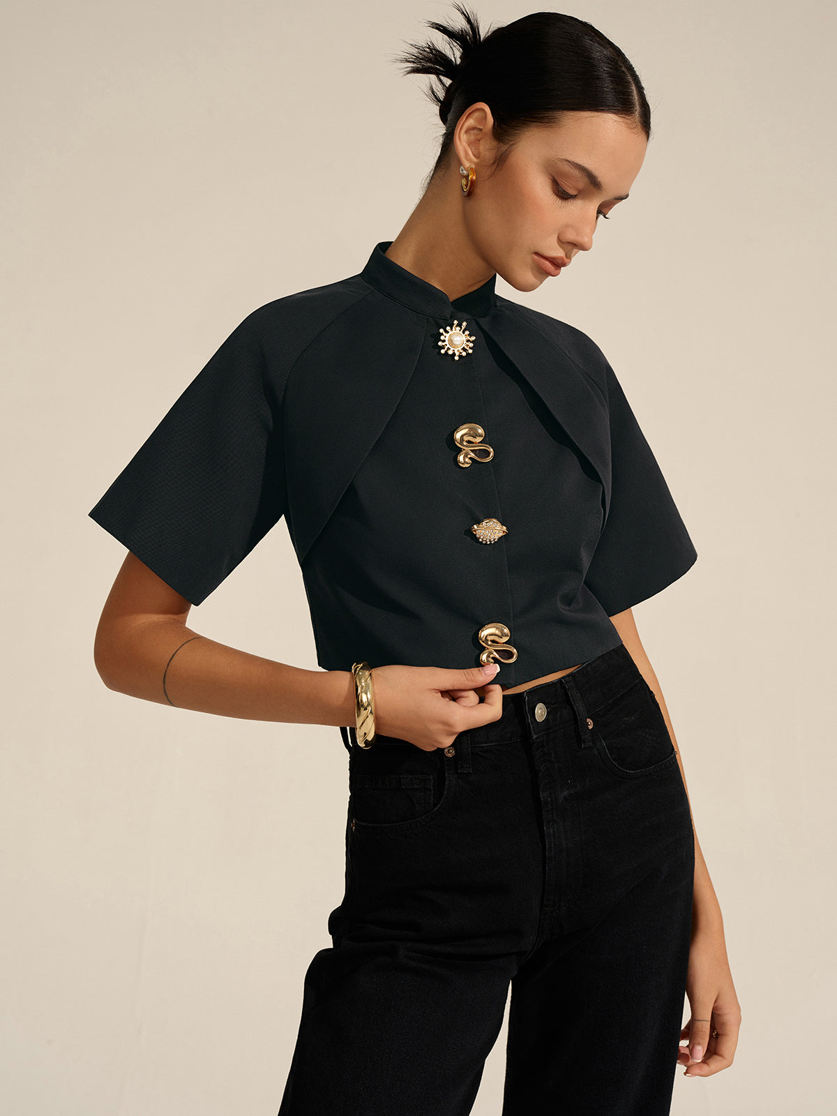 Metal Decor Cropped Blouse Metal Decor Cropped Blouse