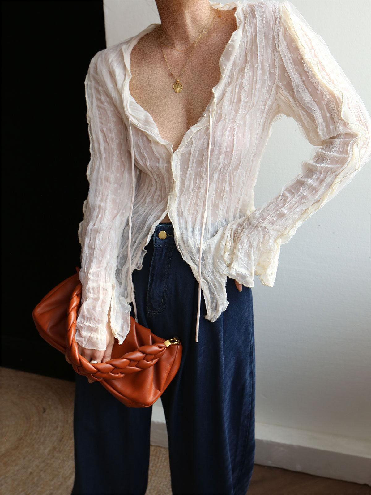 Chiffon Sheer Lettuce Trim Long Sleeve Blouse Chiffon Sheer Lettuce Trim Long Sleeve Blouse