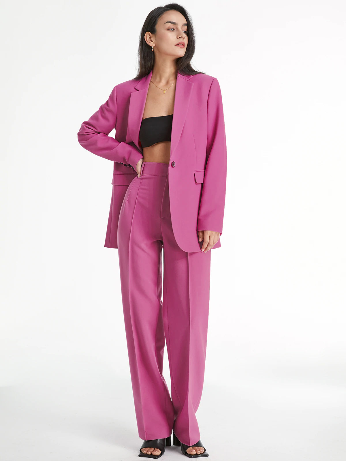 High Waisted Pleat Front Solid Colored Straight Leg Trousers High Waisted Pleat Front Solid Colored Straight Leg Trousers