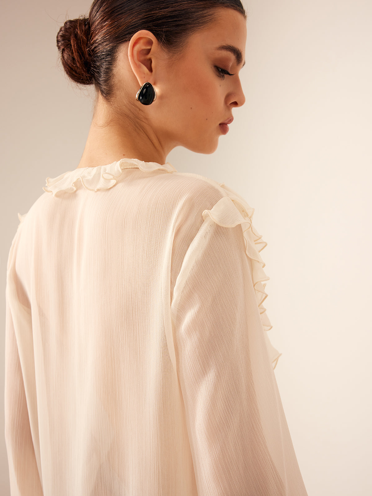 Semi-Sheer Ruffle Chiffon Breasted Blouse Semi-Sheer Ruffle Chiffon Breasted Blouse