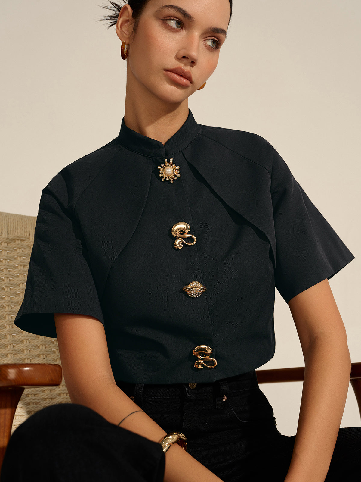 Metal Decor Cropped Blouse Metal Decor Cropped Blouse