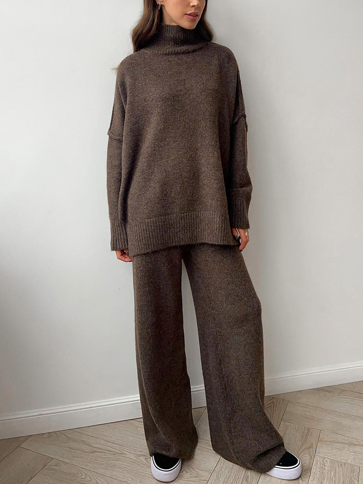 Plain Turtleneck Knit Pants Set Plain Turtleneck Knit Pants Set