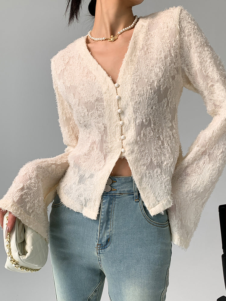 Semi-Sheer V-Neck Ruffle Long Sleeve Blouse Semi-Sheer V-Neck Ruffle Long Sleeve Blouse