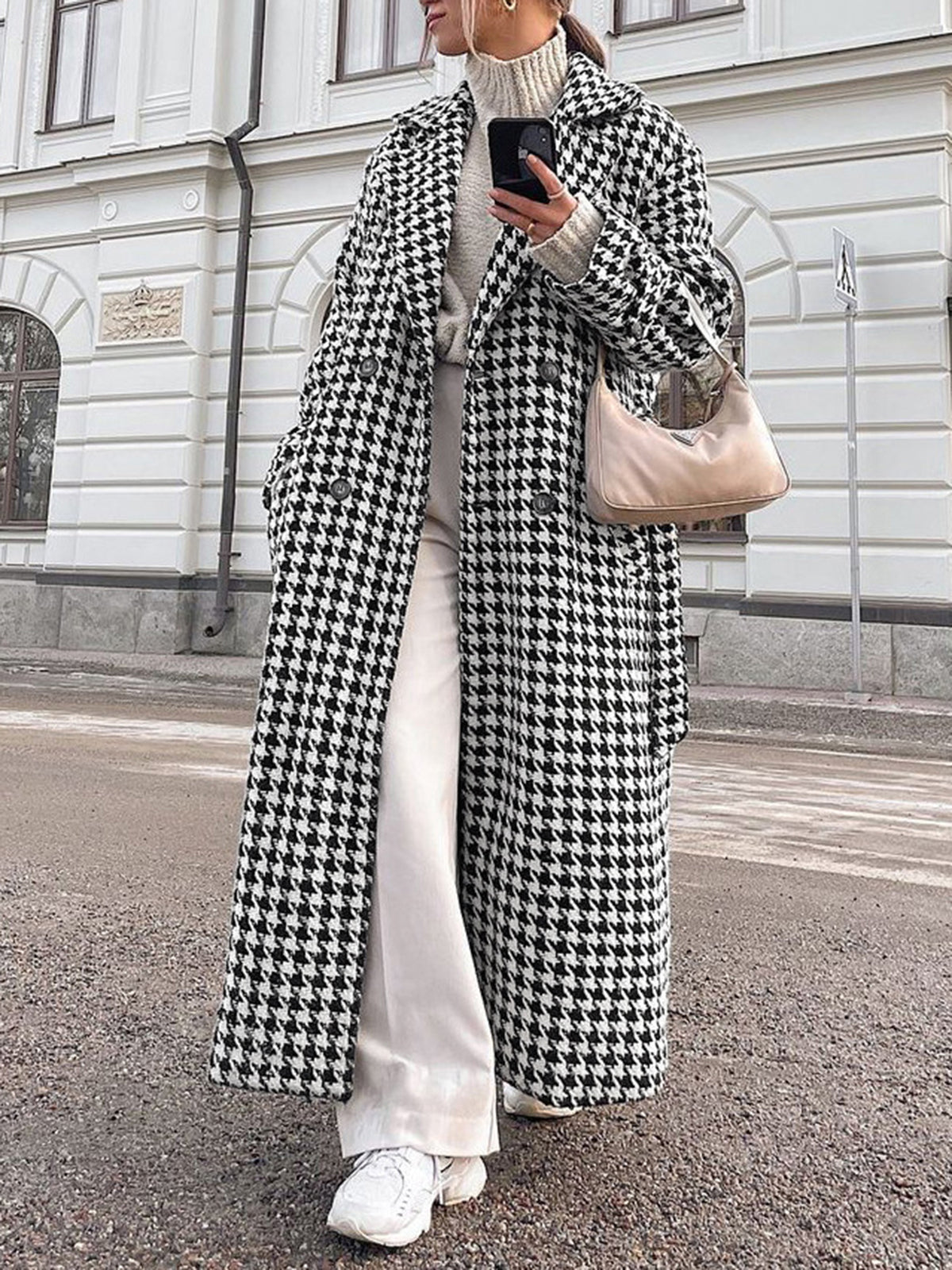 Oversized Houndstooth Tweed Trench Coat Oversized Houndstooth Tweed Trench Coat