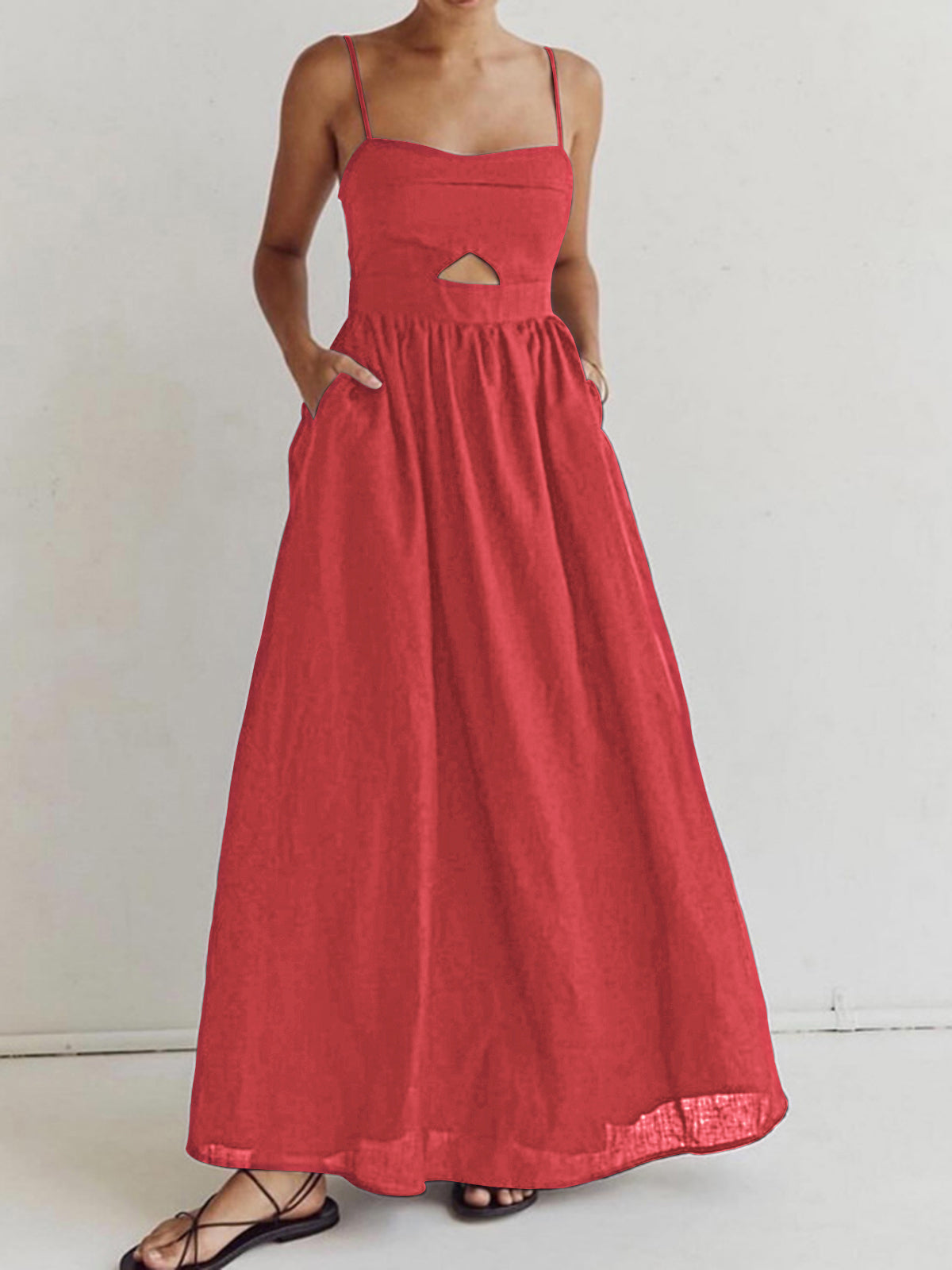 Cotton Sleeveless Pockets Cutout Long Dress Cotton Sleeveless Pockets Cutout Long Dress