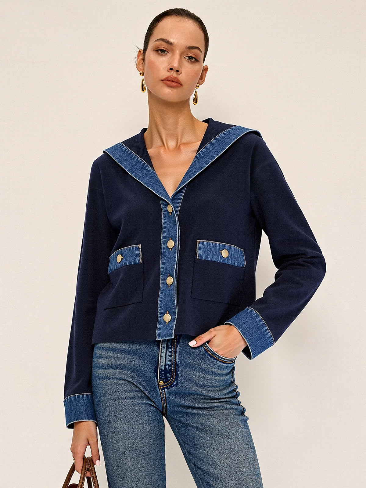 Sailor Collar Denim Trim Knit Outerwear Sailor Collar Denim Trim Knit Outerwear