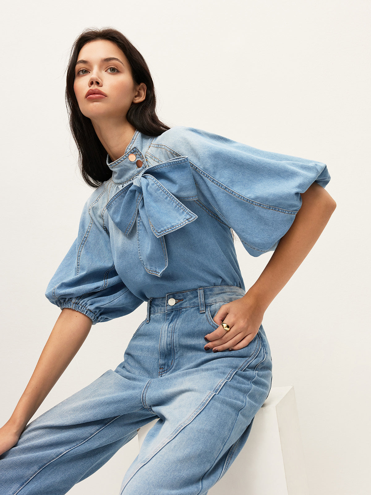 Denim Puff-Sleeve Top With Bow Detail Denim Puff-Sleeve Top With Bow Detail